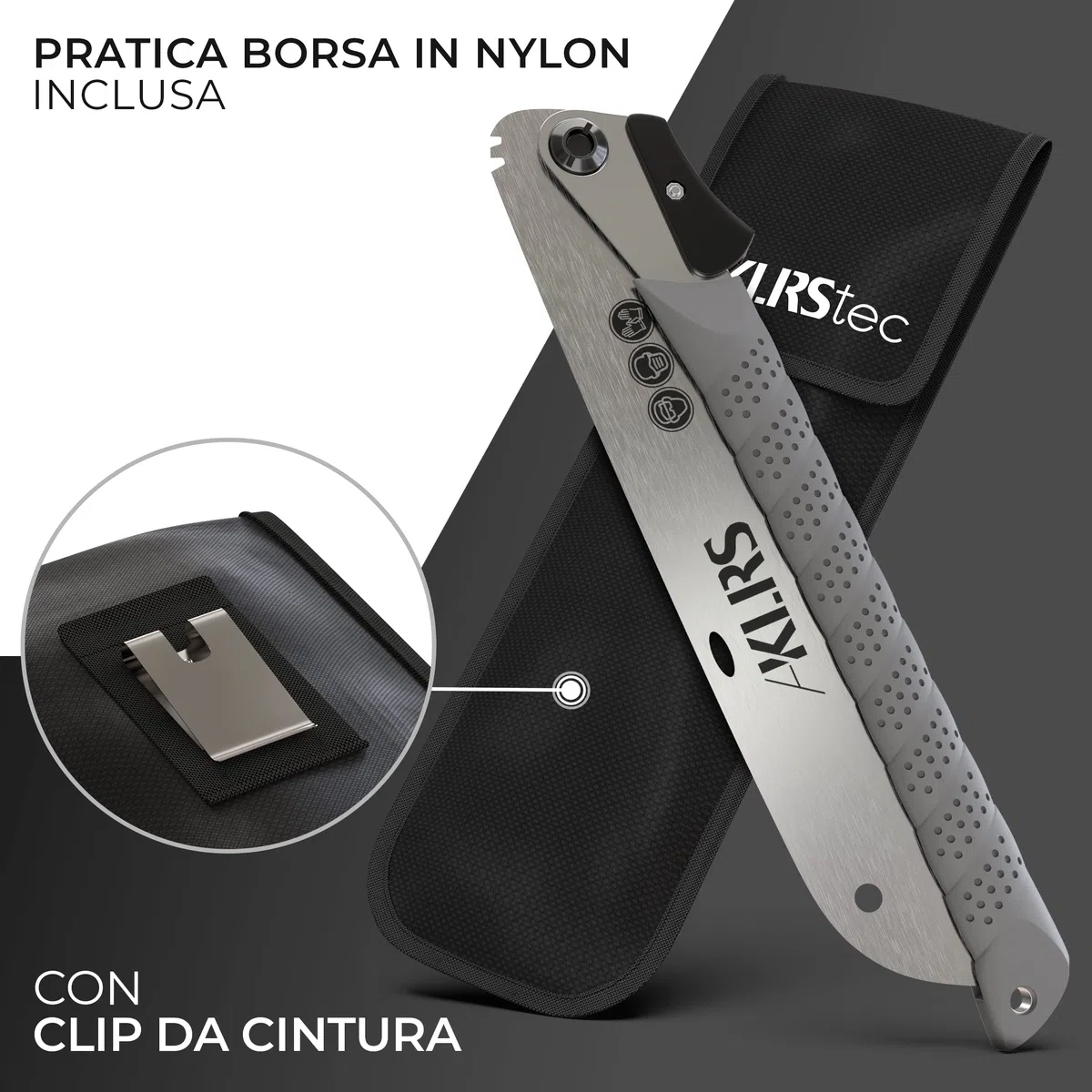 KLRStec Sega giapponese Zen professionale - Seghetto professionale per legno da 240 mm [inclusa borsa con clip] Sega pieghevole per esterni con acciaio al carbonio temprato [SK5]