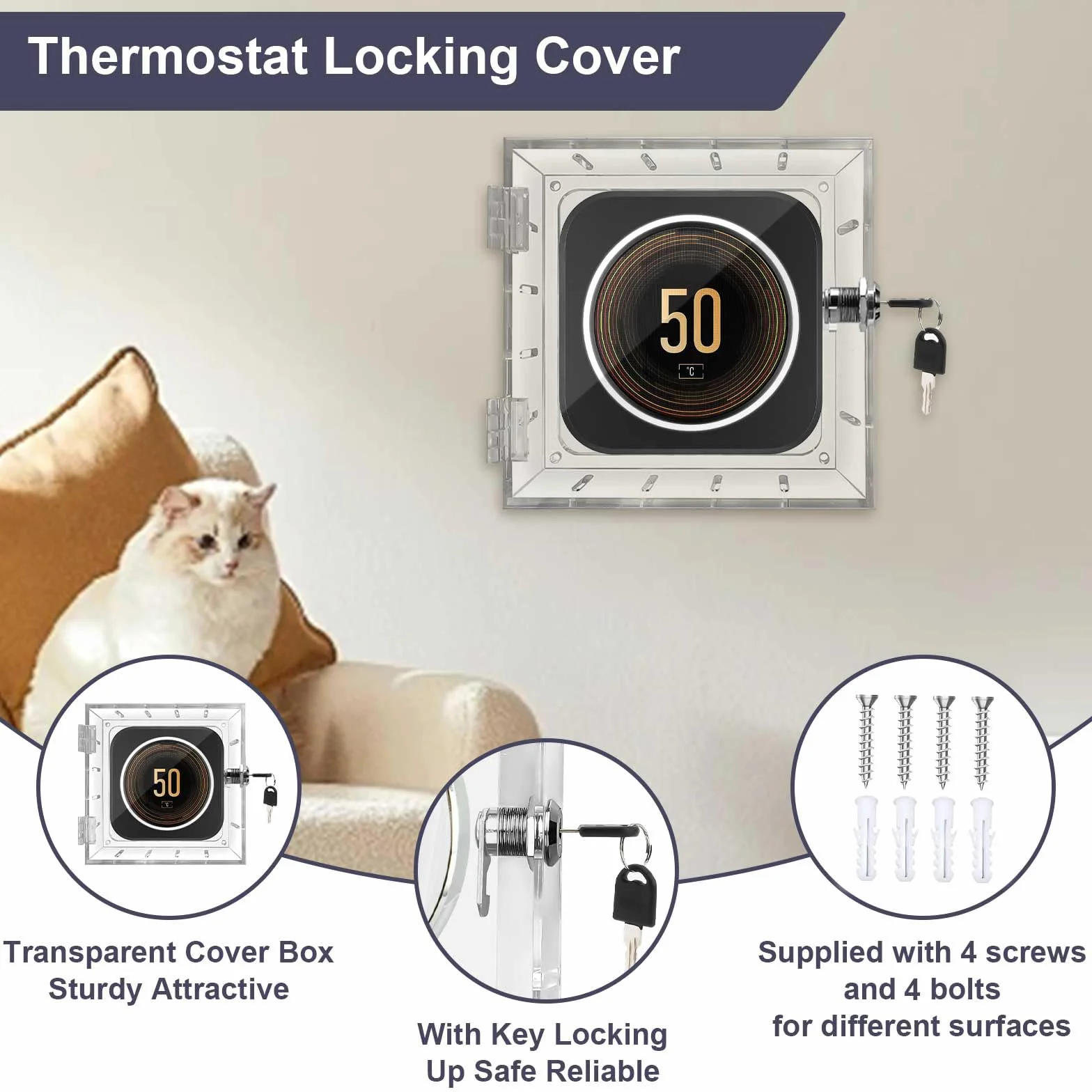 Protettore per Termostato Trasparente, Copertura Universale per Termostato con 2 Chiavi, Scatola di Blocco del Termostato, Adatta per la Maggior Parte dei Termostati, Capacità Interna 12x14.3x4.5 cm
