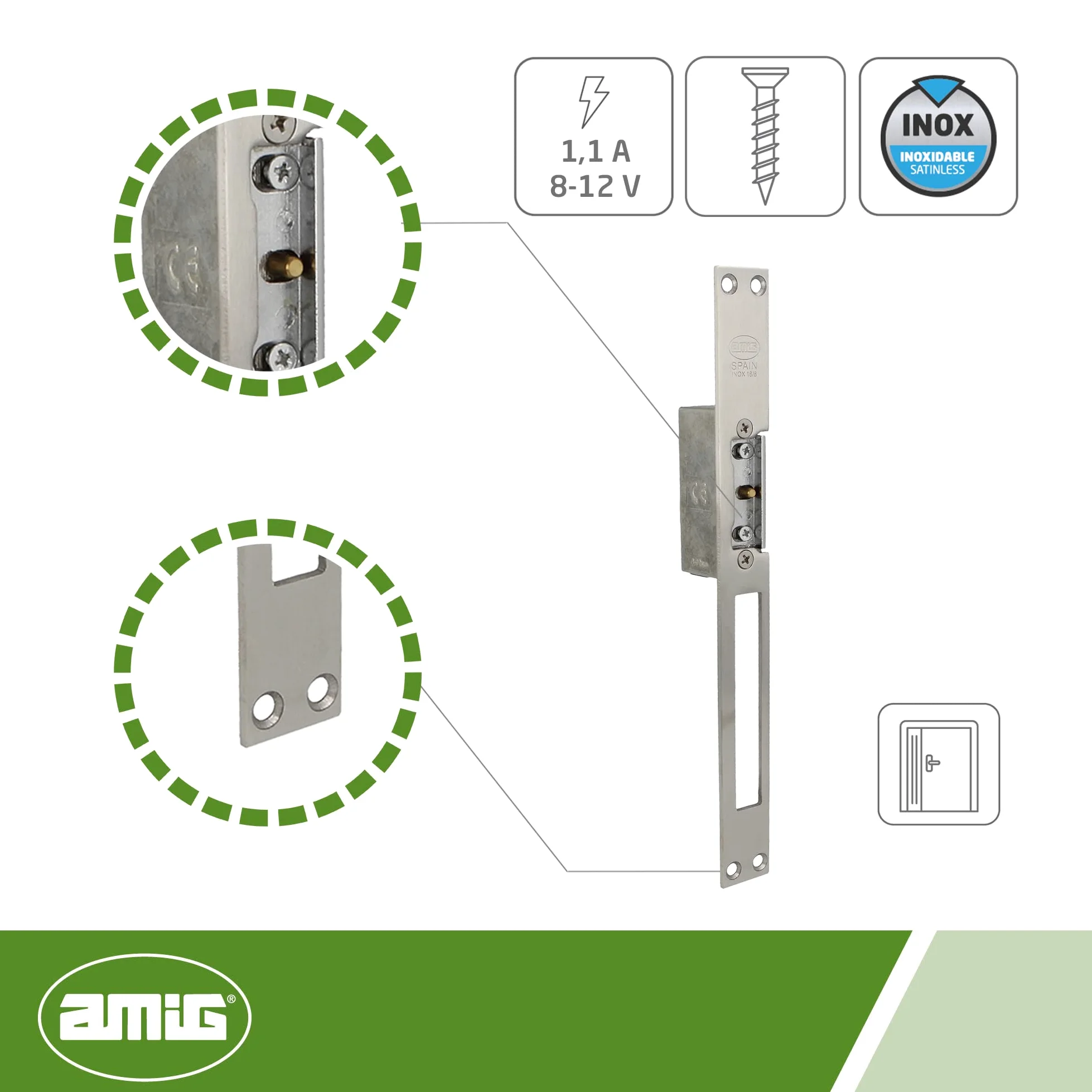 Amig - Apriporta elettrico per porte - Mod.21-250 x 25 x 3 mm - Amperaggio: 1,1 A - Include bobina da 8-12 V di corrente alternata - serratura per portali, negozi o uffici