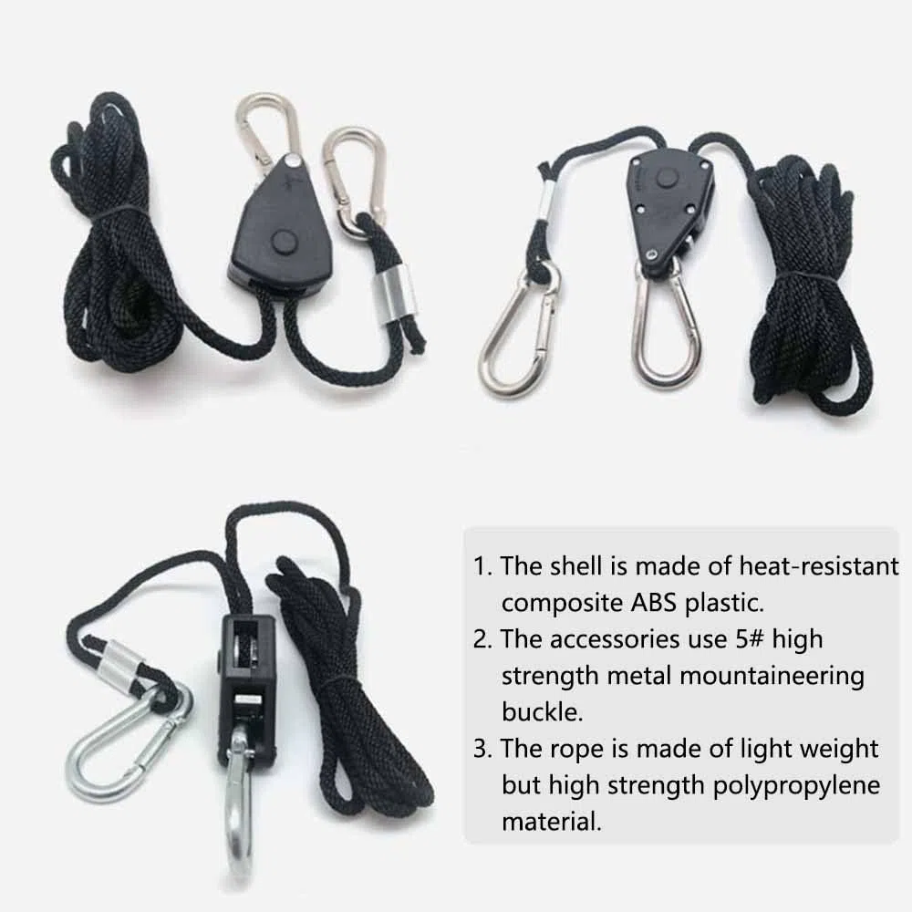 Confezione da 4 ganci a cricchetto, corda regolabile a cricchetto, 1/8 pollici, robusta clip per puleggia per gancio e tenda, portata 68 kg/150 lbs