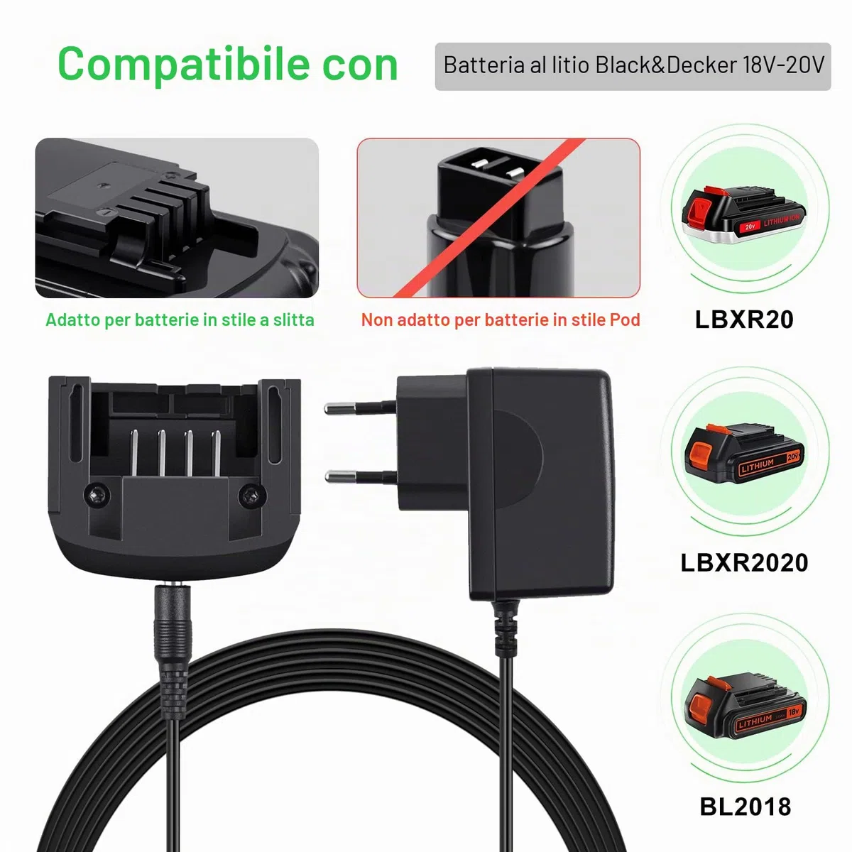 Caricabatterie al litio 18V/20V, compatibile con batteria al litio Black&Decker 18V/20V BL2018 LBXR20 LBXR20-OPE LB20 LBX20