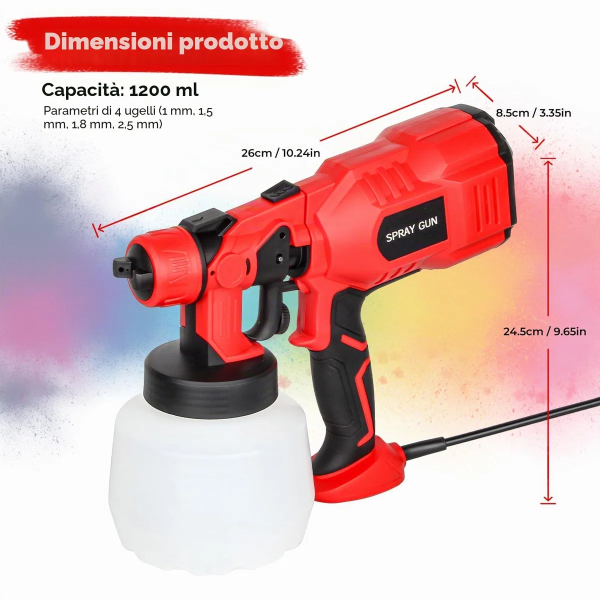 Sistema di spruzzatura a colori 1200 ml, spruzzatore a colori HVLP 550 W, pistola a spruzzo per pittura da parete con 5 ugelli e 3 modelli di spruzzo, pistola per vernice da parete per dipingere