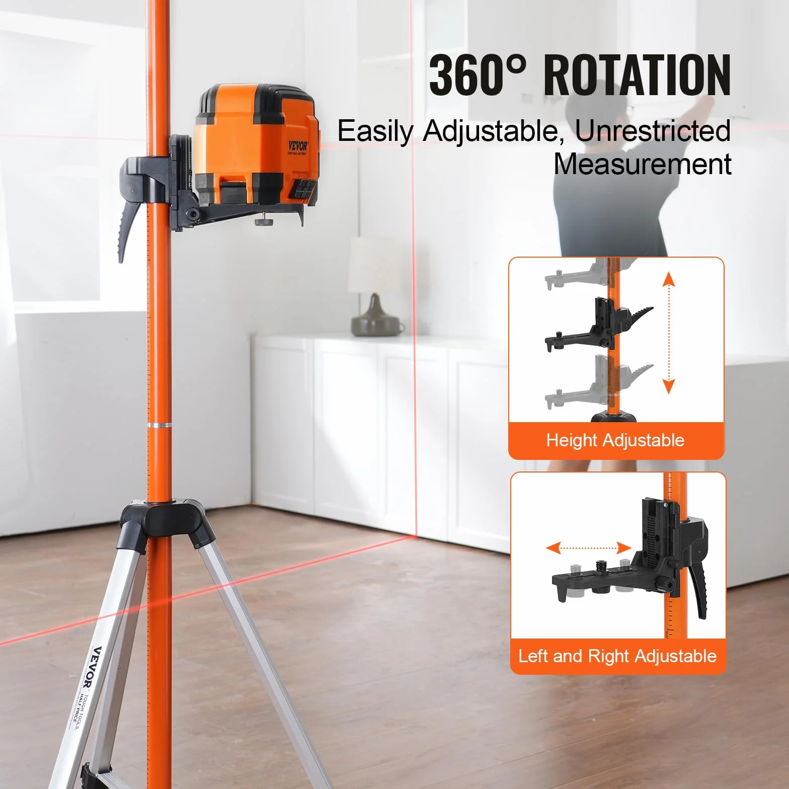 VEVOR Treppiede per Livella Laser, Attacco Filettato Regolabile Altezza 104-340 cm con Bolla di Livello Supporto Robusto, Asta Estensibile, Treppiede Alluminio Leggero Scanner Laser, Capacità 4,54 kg
