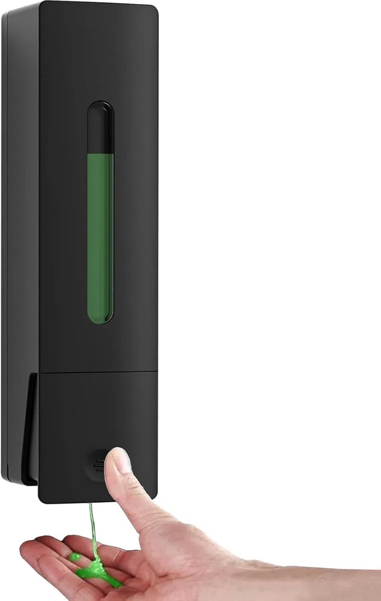 Dispenser per sapone a mano singolo, montato a parete, 400 ml, pompa per doccia nera, distributore di sapone liquido trasparente ricaricabile, montaggio senza fori con colla o fissaggio a parete con