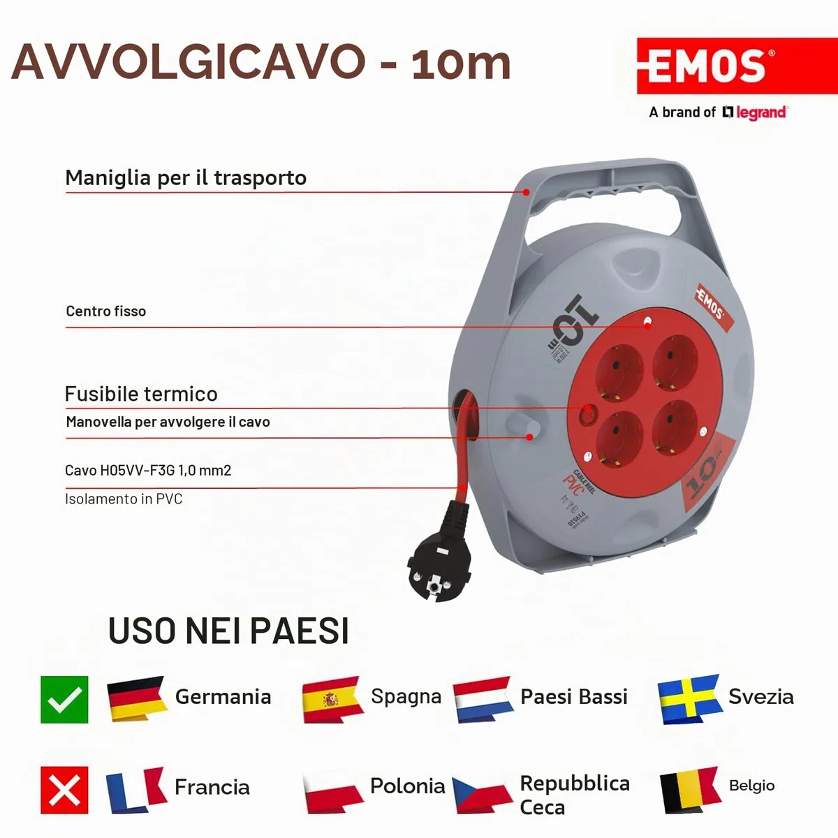 EMOS - Mini avvolgicavo 10 m - 4 prese Schuko - 230 V, 10 A, 2300 W - isolamento in PVC di alta qualità - H05VV-F3G 1,0 mm2 - con interruttore termico - IP20 per interni