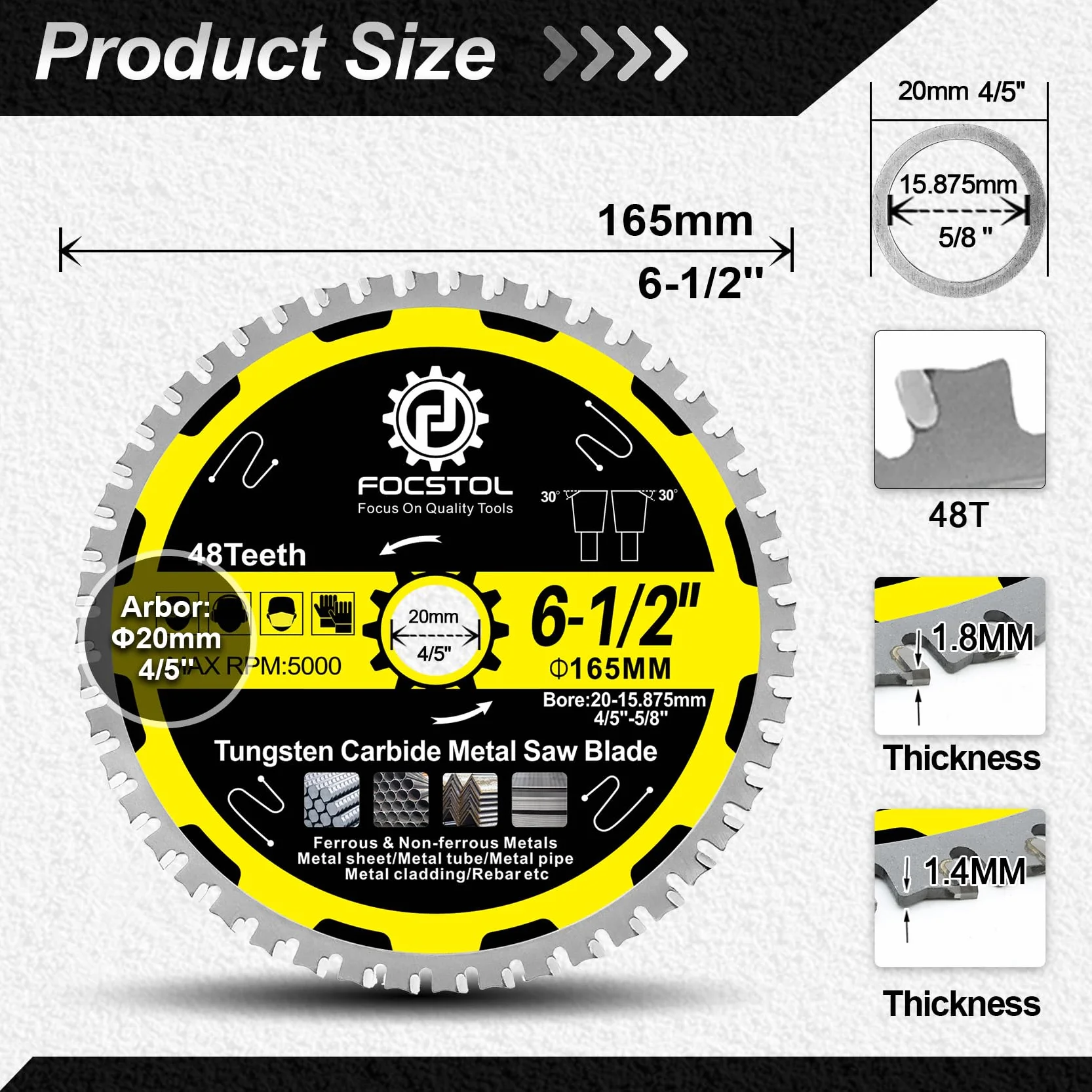 FOCSTOL Lama Sega Circolare per Metallo 165mm x 20mm x 15,875mm - Disco in Metallo Duro 48 Denti per Acciaio Inox Ferrosi Tubo D'acciaio