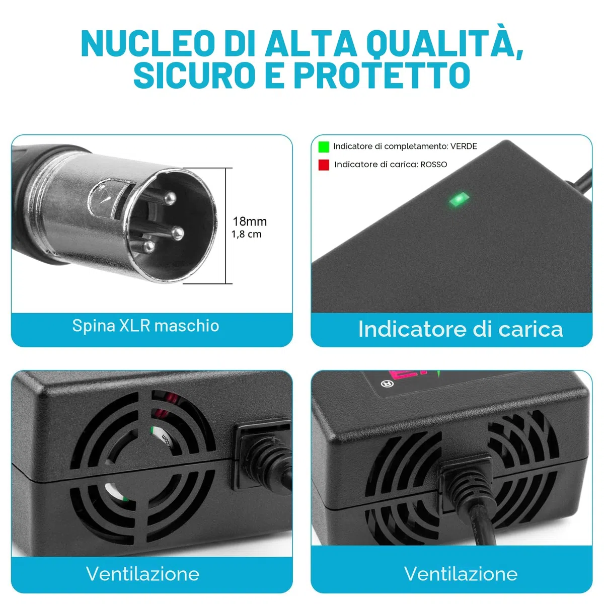 Labtec 54,6V 48V 2A Caricatore Monopattino lettrico, Caricabatteria al Litio 48V per Bici elettrica, Scooter Elettrico, Carrozzina elettrica, Scooter per la Mobilità