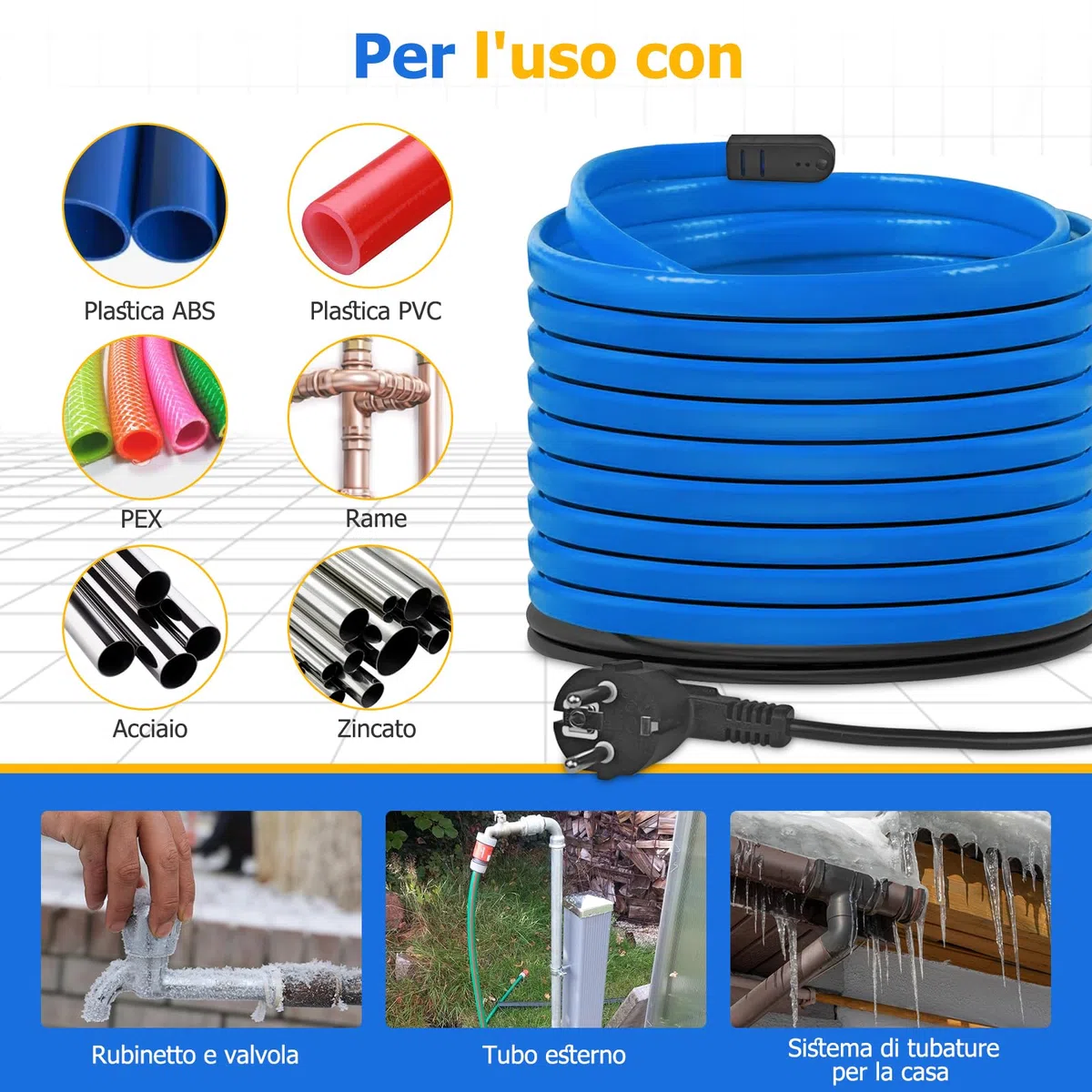 Cavo Scaldante per Tubi Antigelo, Tubo di Riscaldamento antigelo autoregolante con termostato, protezione antigel, per tubo dell'acqua, impermeabile (12M) (Blu, 2 Metri)