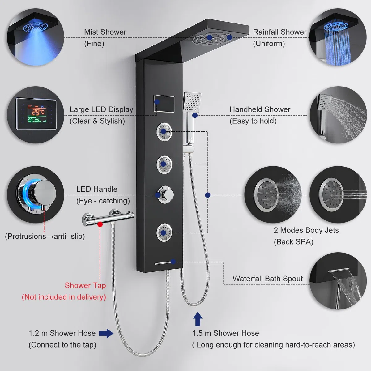 Pannello doccia a torre con display a LED della temperatura, sistema doccia nero senza rubinetto, 6 funzioni: doccia a pioggia e nebbia, 2 modalità di getto massaggiante per il corpo, acciaio