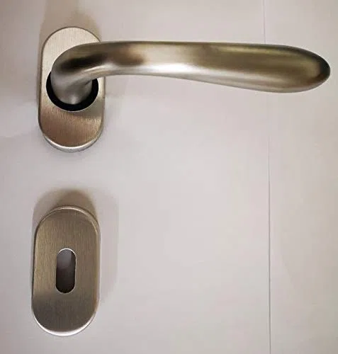 MANIGLIA PER PORTA SIDNEY 1126 IN MARITECH CROMATO SATINATO, FORO PATENT, COMPLETA PER UNA PORTA DENTRO+FUORI, ROSETTA OVALE