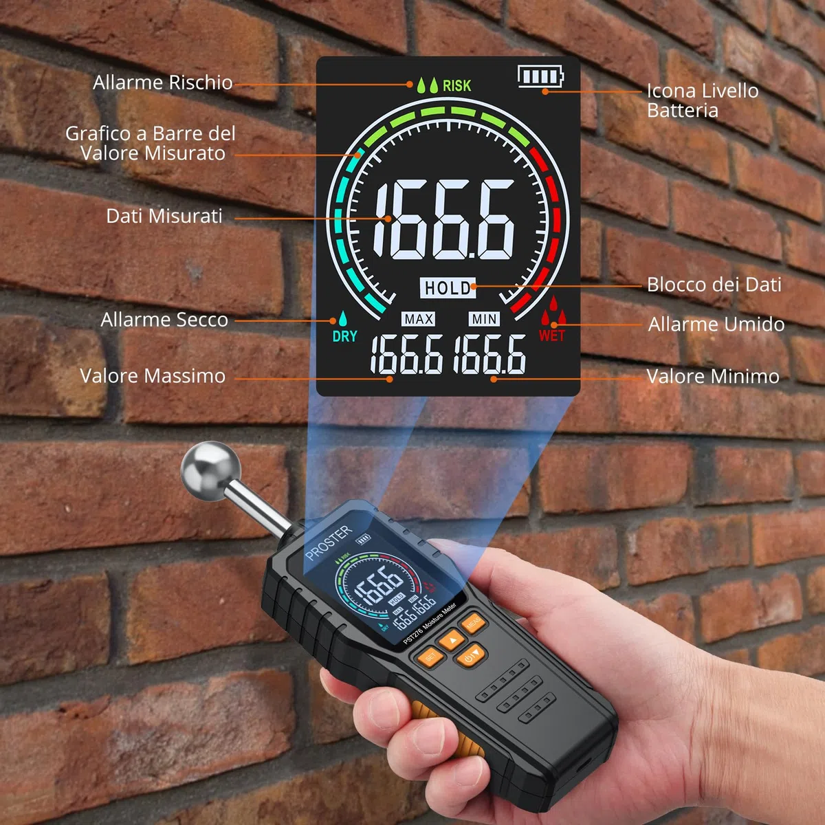 Proster Misuratore di Umidità Ricaricabile Rivelatore di Umidità Igrometro Senza Ago per Pareti con Schermo LCD a Colori Allarme Indicatore di Umidità 5-40 mm per Legno Edilizia Calcestruzzo