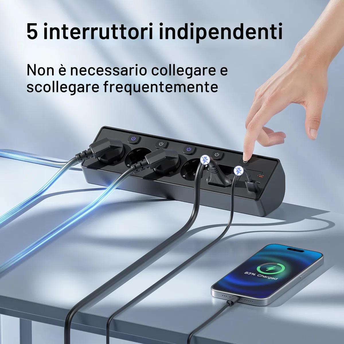 Ciabatta Multipresa con USB, 6 Prese di Corrente e 3 USB, PD 30W Ciabatta Elettrica with Surge Protection, Multipresa Elettrica di da 2 M con Interruttore per Scrivania, Ufficio, Casa