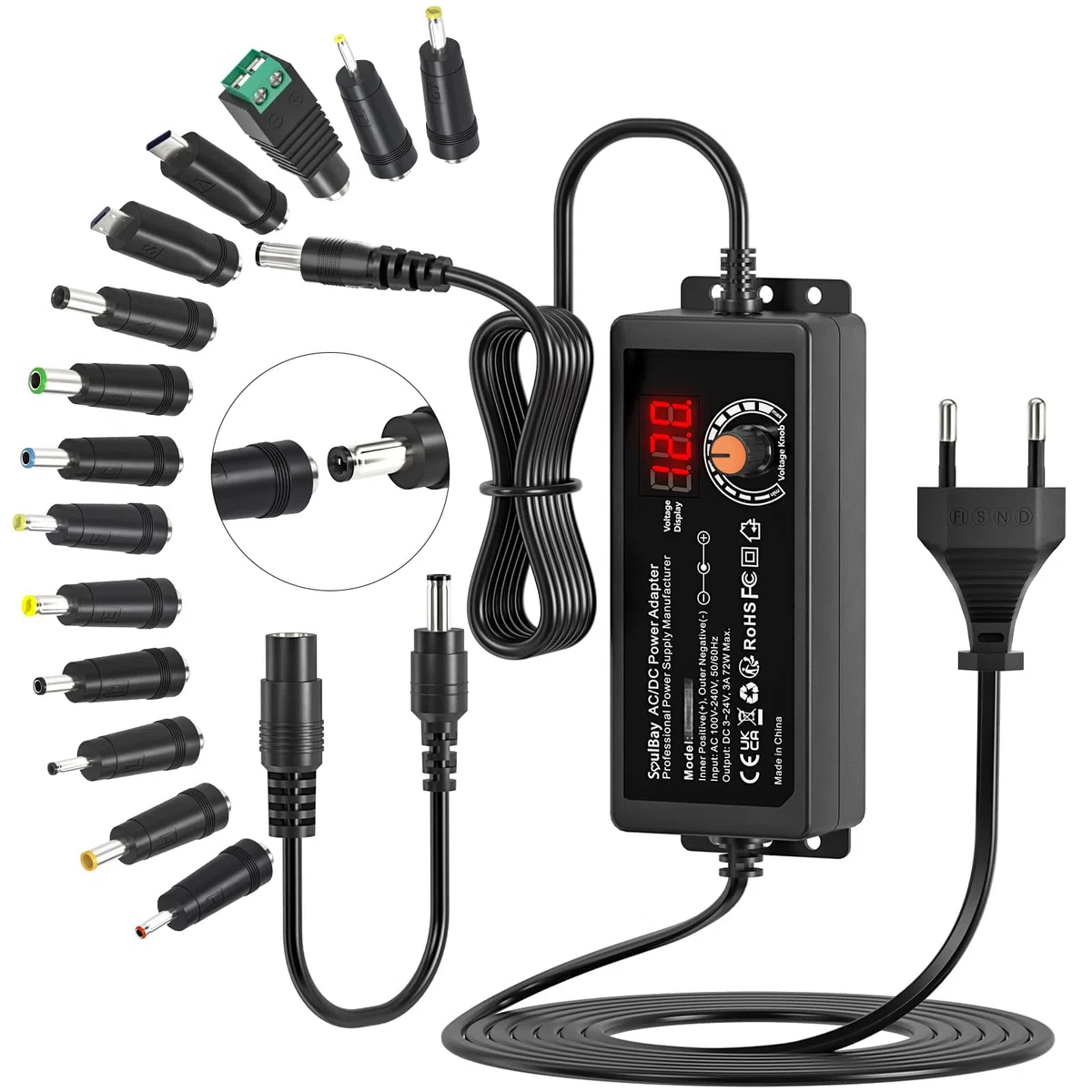 SoulBay Alimentatore Universale, 3-24V 72W Caricabatterie Universale AC/DC con 14 punte CC cavo di Inversione Polarity Converter per Elettronica Domestica CCTV Striscia LED - 3000mA max.