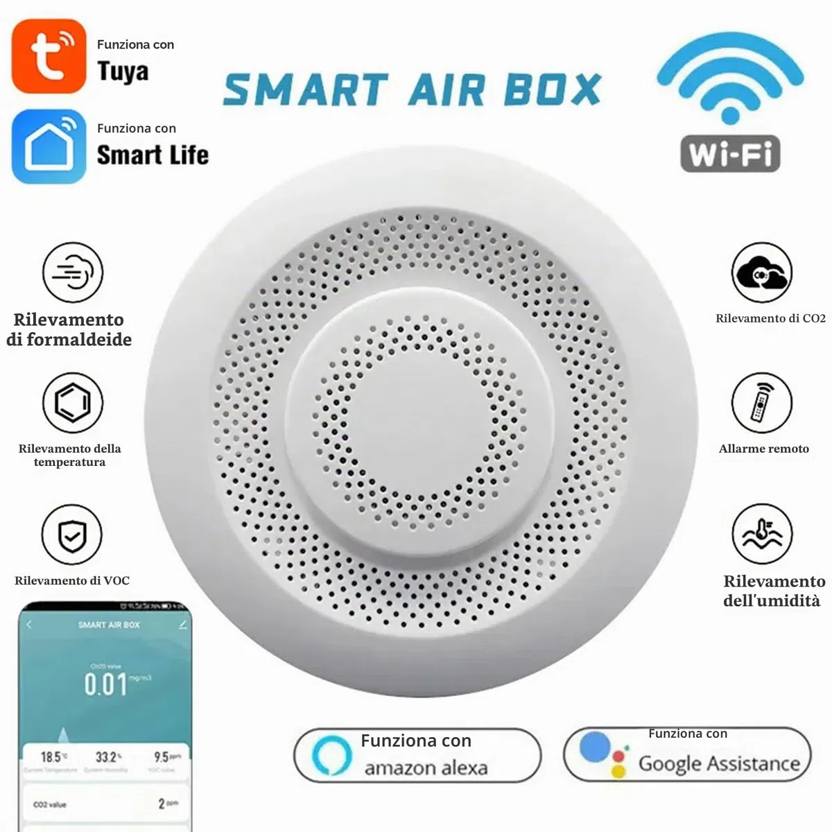 Monitor di Qualità dell'Aria Smart: Misuratore WiFi per la Qualità dell'Aria Interna Rileva CH2O, CO2, VOC, Temperatura e Umidità, Controllo tramite App, Termometro e Igrometro per l'Automazione
