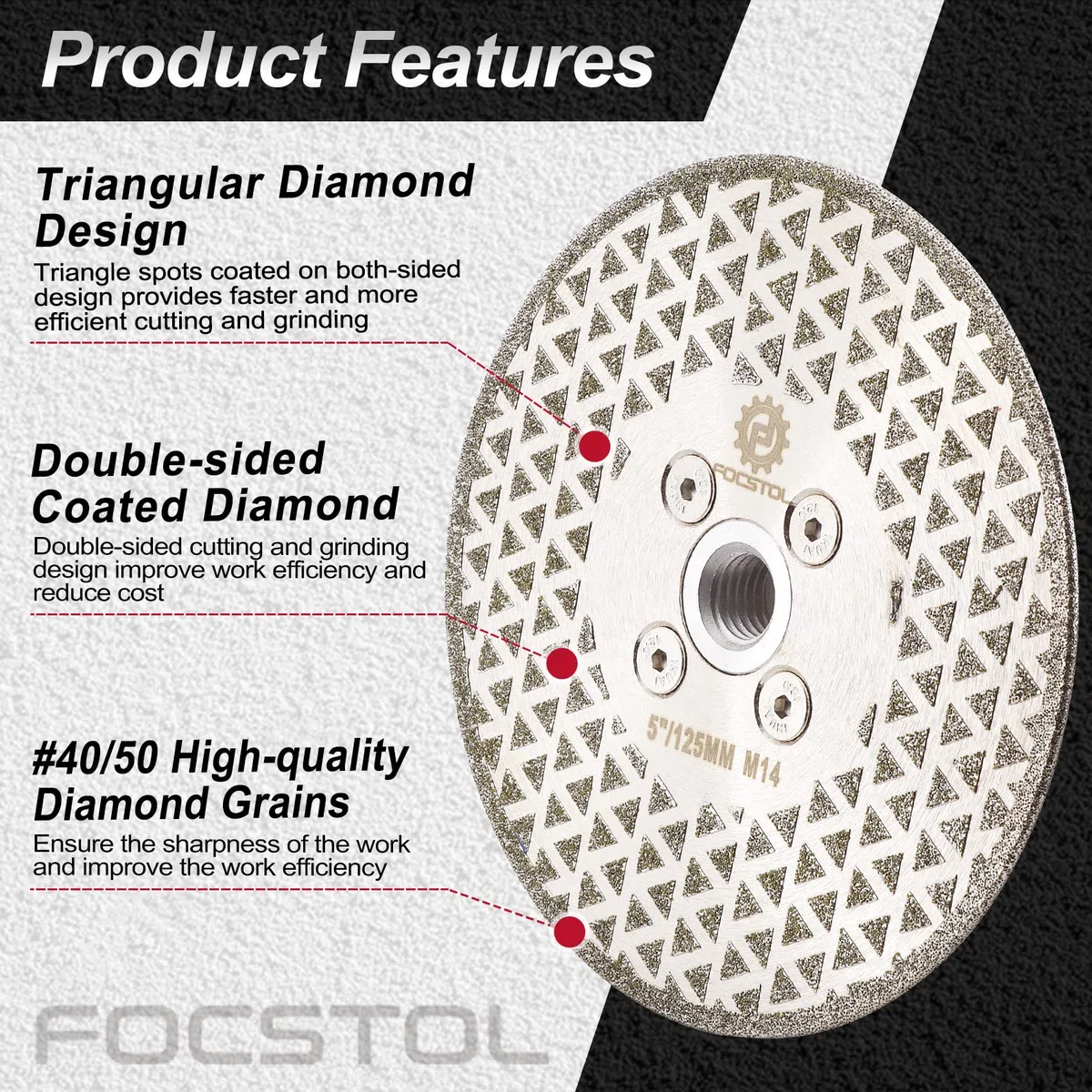 FOCSTOL Disco Diamantato 125mm - Elettrolitico Doppio lato Taglio Macinazione Lama Diamantata per Granito Marmo Porcellana Piastrelle Ceramica Quarzo M14 Filettatura