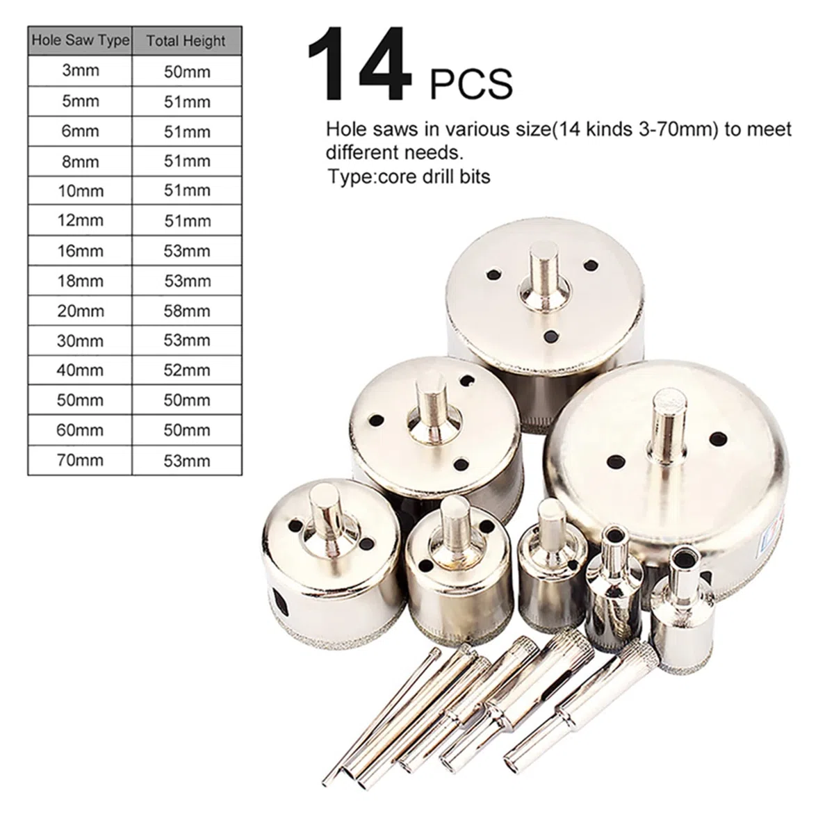 VBESTLIFE Punte per seghe a Tazza rivestite di Diamante, 14 Pezzi/Set 3-70mm Punte per a Tazza rivestite di Diamante per Piastrelle in Marmo/Vetro