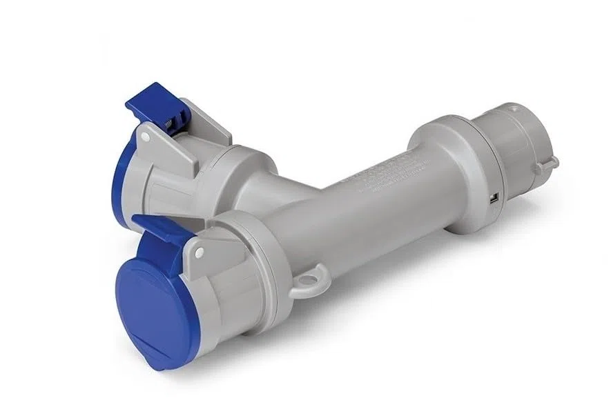 ADATTATORE INDUSTRIALE CEE MONOFASE 3 POLI DOPPIA PRESA + SPINA 16A 2P+T 200/250 VOLT