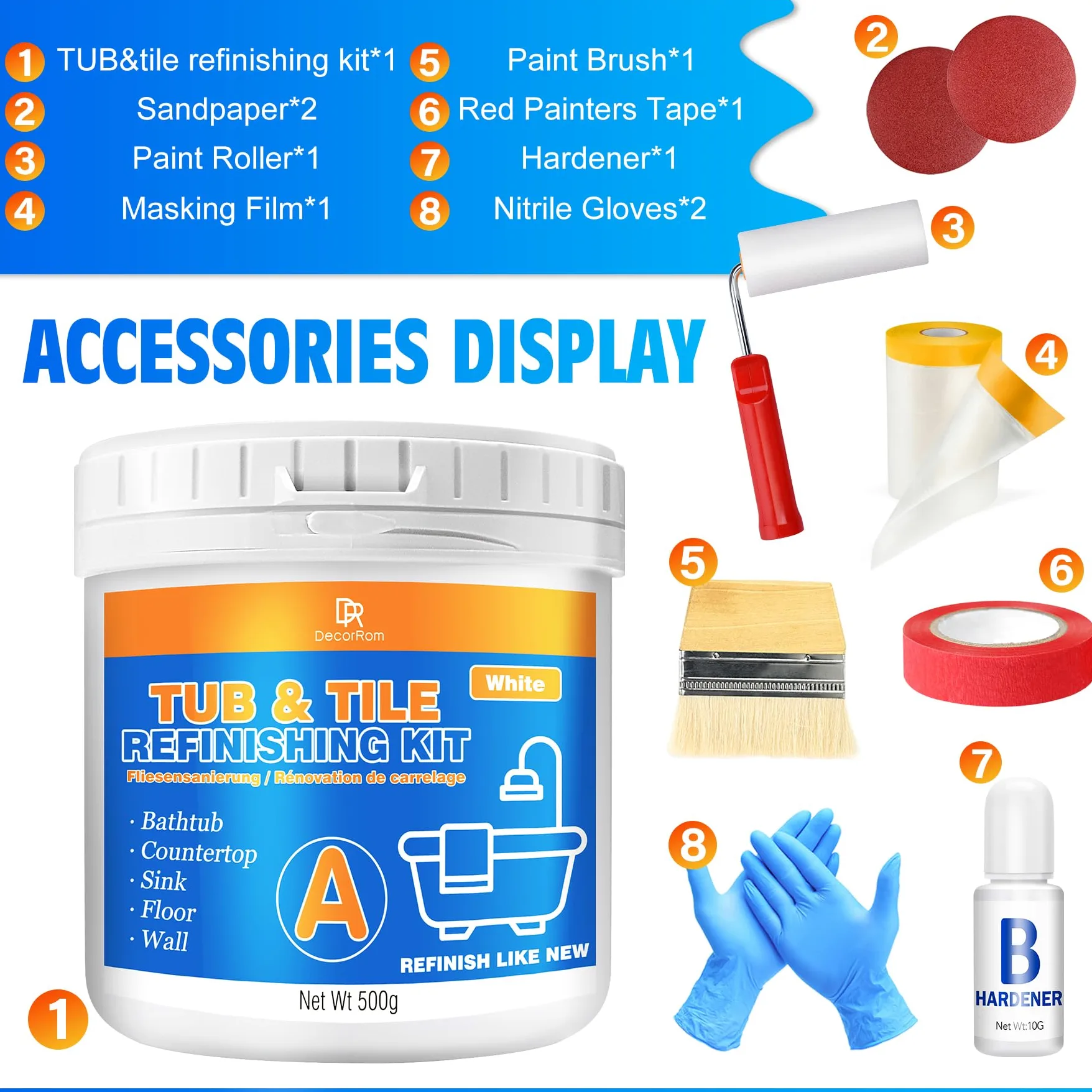DecorRom Vernice per Vasca da Bagno Bianca 500g, Vernice per Piastrelle, Kit per Rinnovamento Vasca da Bagno e Lavandini, Resistente all'Acqua e Antigraffio con Attrezzi