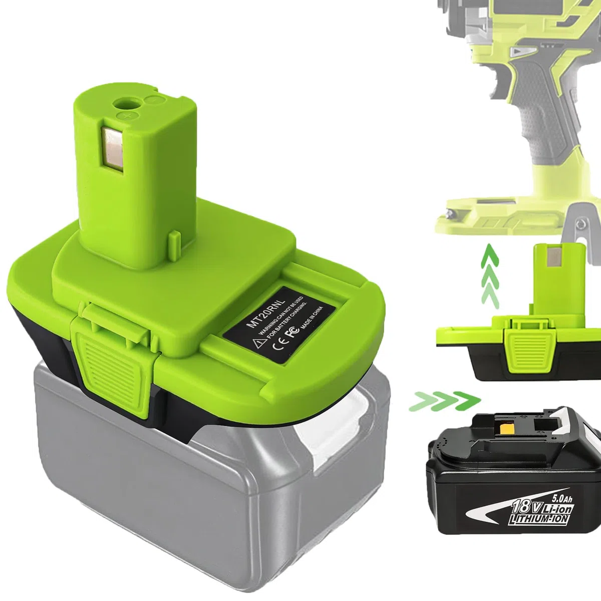 Adattatore batteria MT20RNL per Makita 18 V da convertire per utensili Roybi da 18 V, per batteria Makita da 18 V convertire in batteria agli ioni di litio Ryobi da 18 V