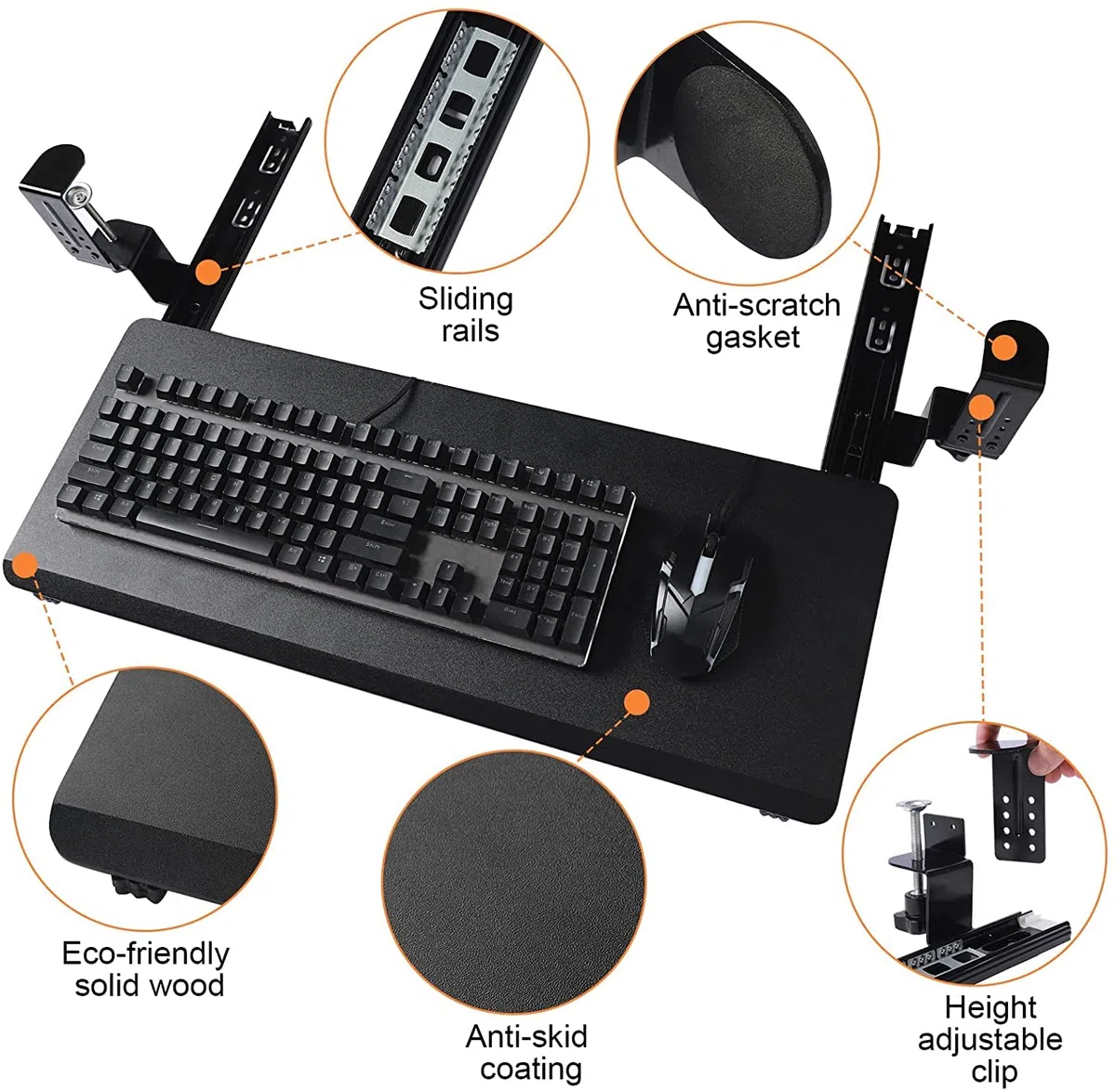 Bandeja para teclado con abrazadera ergonómica deslizante para teclado y ratón para debajo del escritorio cajón retráctil fácil de montar sin necesidad de herramientas o tornillos (carbón ne