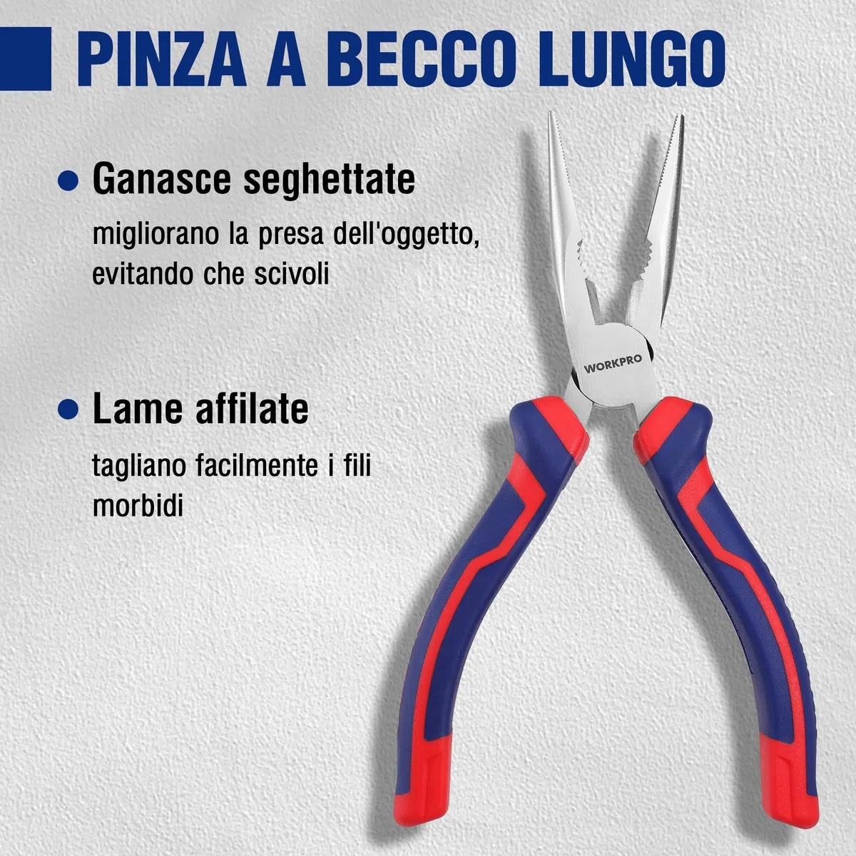 WORKPRO Set di 3 Pinze: Becchi Lunghi 160 mm, Taglio Laterale 160 mm, Combinata 180 mm - Manici Morbidi per Riparazioni Domestiche