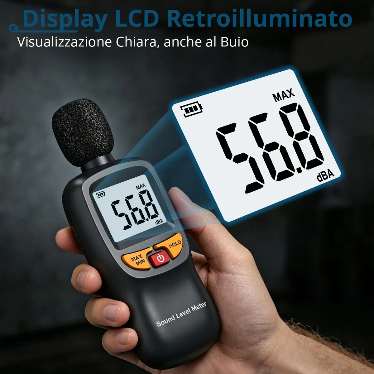 Fonometro Digitale Portatile 30-130dB (A) con LCD Retroilluminato | Misuratore di Livello Sonoro Ponderato A con Precisione ±1,5dB , Funzione MAX/MIN e Data Hold per Ufficio, Fabbrica, Cantieri