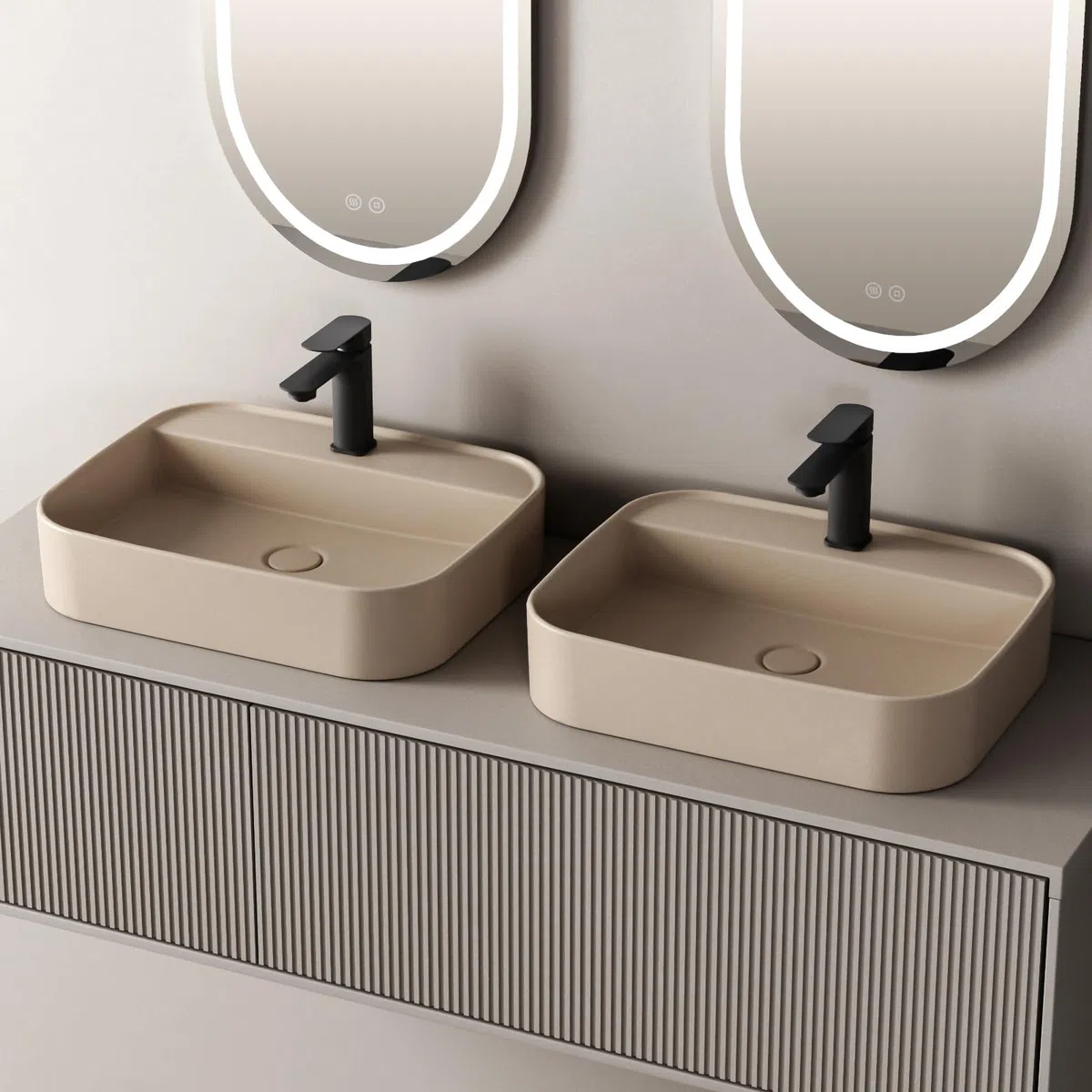 EMKE Lavabo da Appoggio e Sospeso 50 x 40 x 11 cm, Lavandino Rettangolare in Ceramica Beige opaco con Angoli Arrotondati, Lavello Moderno Salvaspazio per Bagno e WC - Senza Rubinetto e Piletta