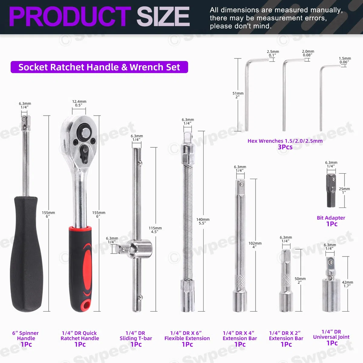 Swpeet Set di 46 chiavi a cricchetto da 1/4" e bussole con custodia, kit assortito, metrico e barra di estensione per riparazione auto e casa