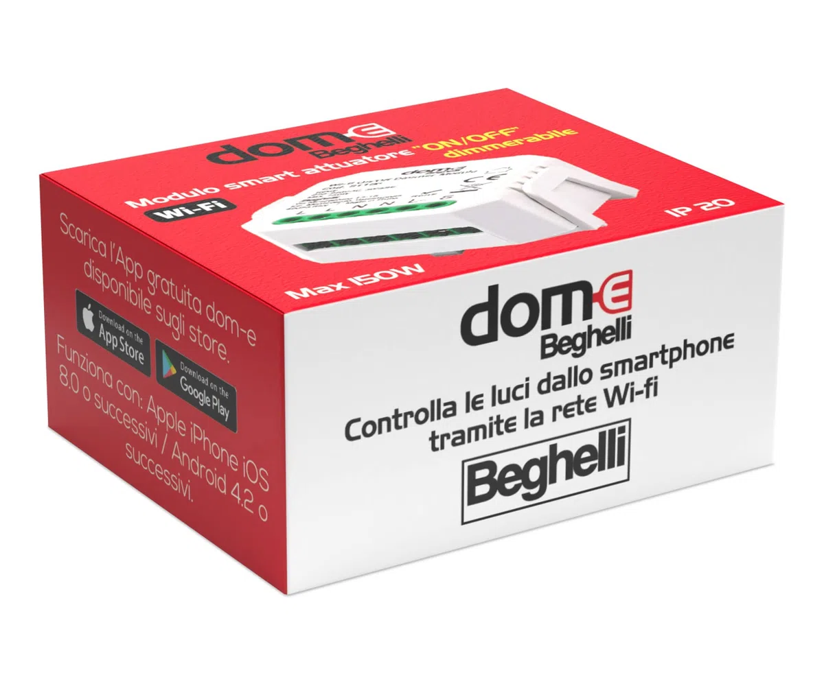 Beghelli - Dom-e Interruttore WiFi, Modulo Attuatore Wireless On-Off, Relé e Dimmer Smart, Controllo Luci da Smartphone, Compatibile con Alexa e Google Assistant, App Dom-E, Gruppo Beghelli, Bianco