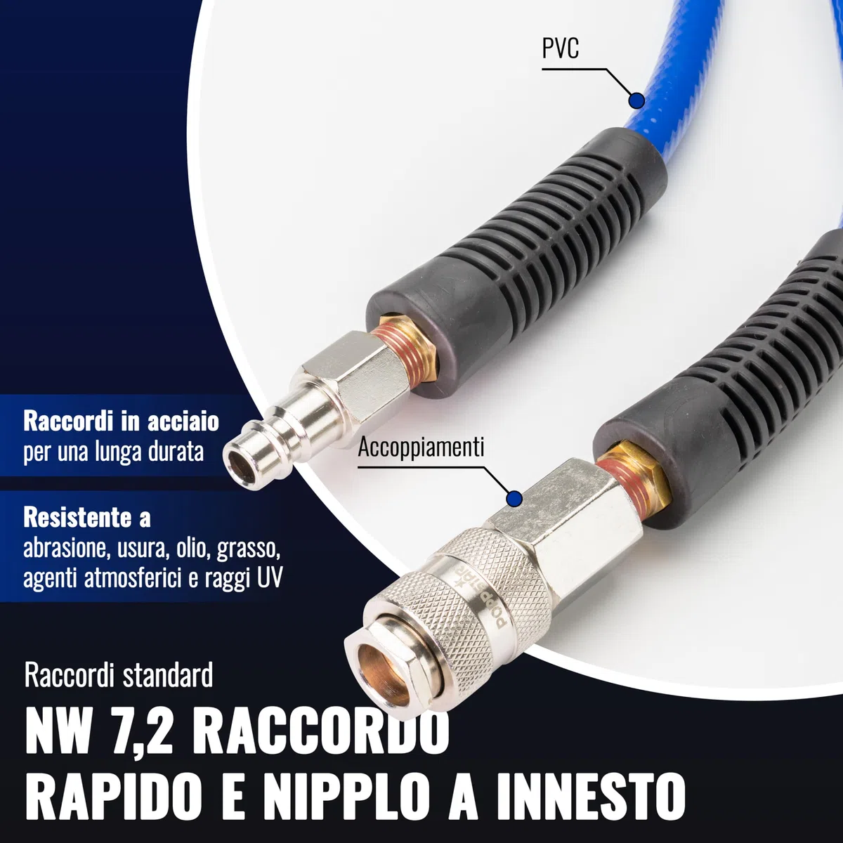 Poppstar Tubo per aria compressa in PVC 6/12 mm, lunghezza 20 m, attacco rapido & innesto maschio, 20 bar, blu