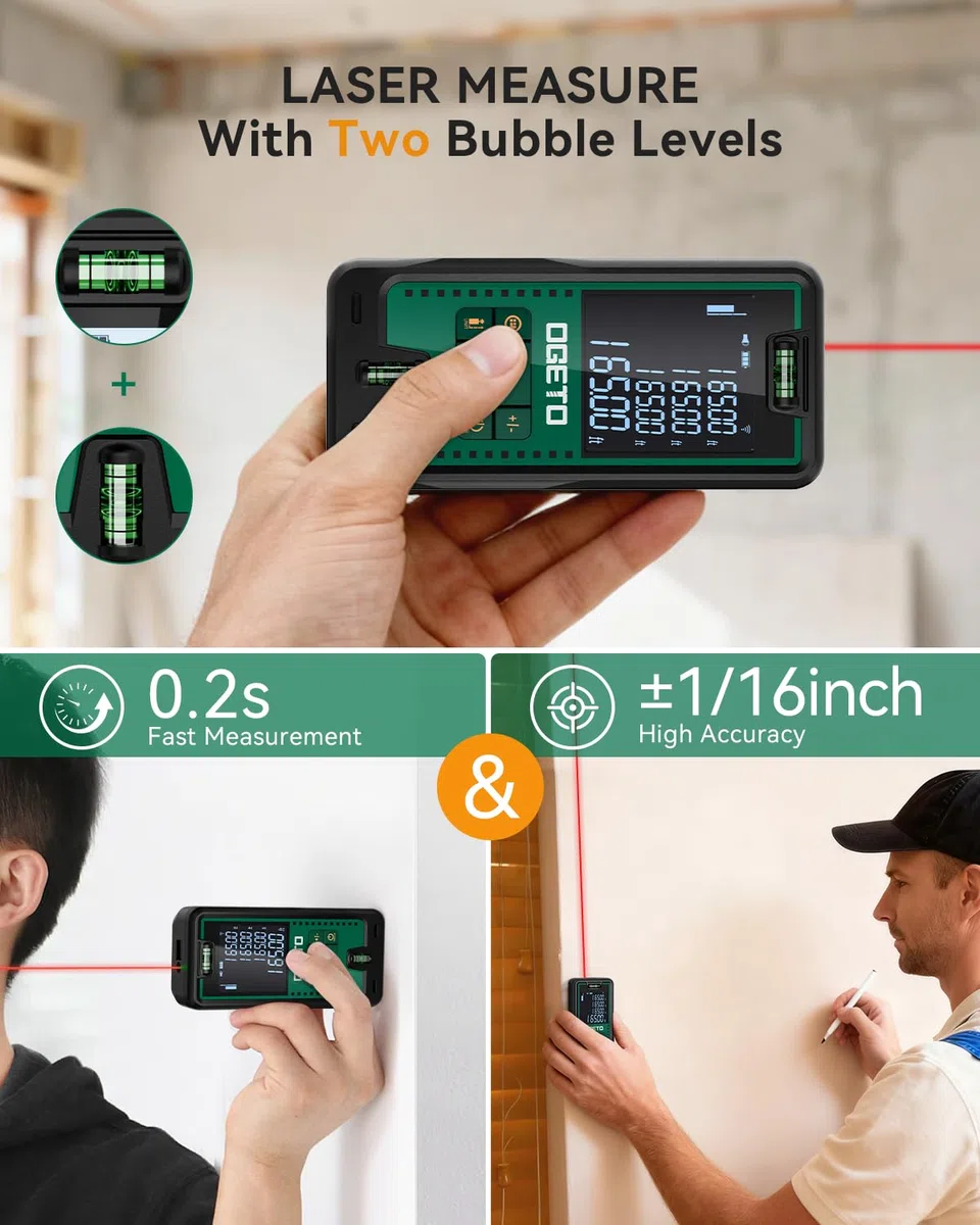 Metro Laser, OGETO Misuratore di Distanza Laser IP54 Strumento di Misura Digitale Portatile Telemetro con Livelle a Bolla e Ampio Display LCD Retroilluminato