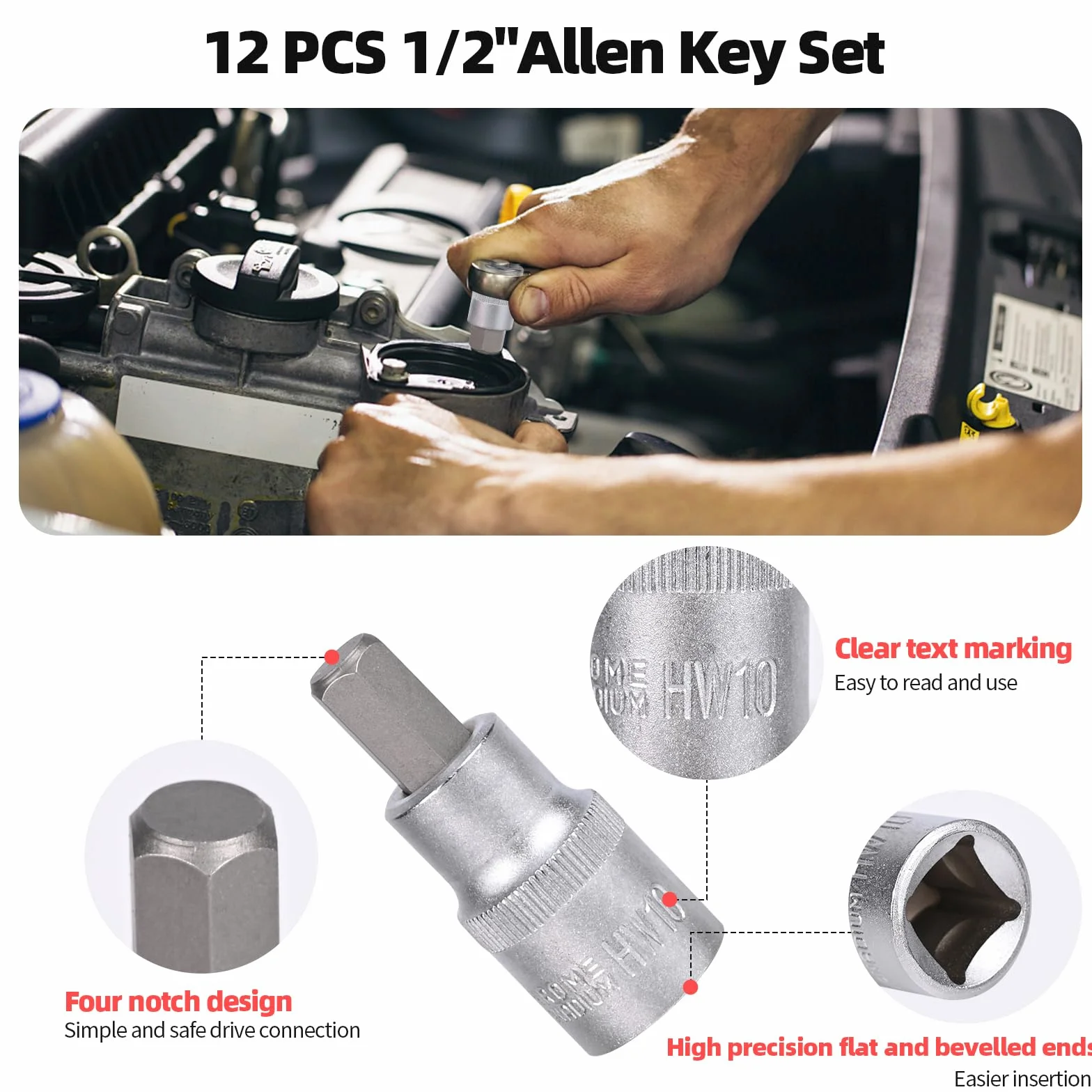 12 Pezzi Set di Bussole a Bussola Esagonali,Set di Bussole Esagonali 1/2,Bussole in Acciai per Utensili da 5-22 mm con Custodia Portatile,Anticorrosione per Uso Automobilistico e Industriale (Rosso)
