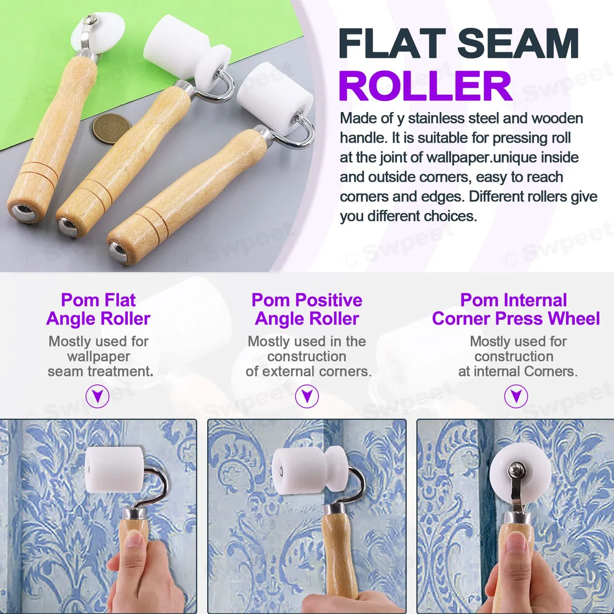 Swpeet 9Pcs Carta da Parati Piatta Cuoio Rullo con Assortiti Strumenti di Carta da Parati Kit, Corner Roller Putty Coltello Pennello di Vernice in Legno Artigianato Coltello Squeegees Blu