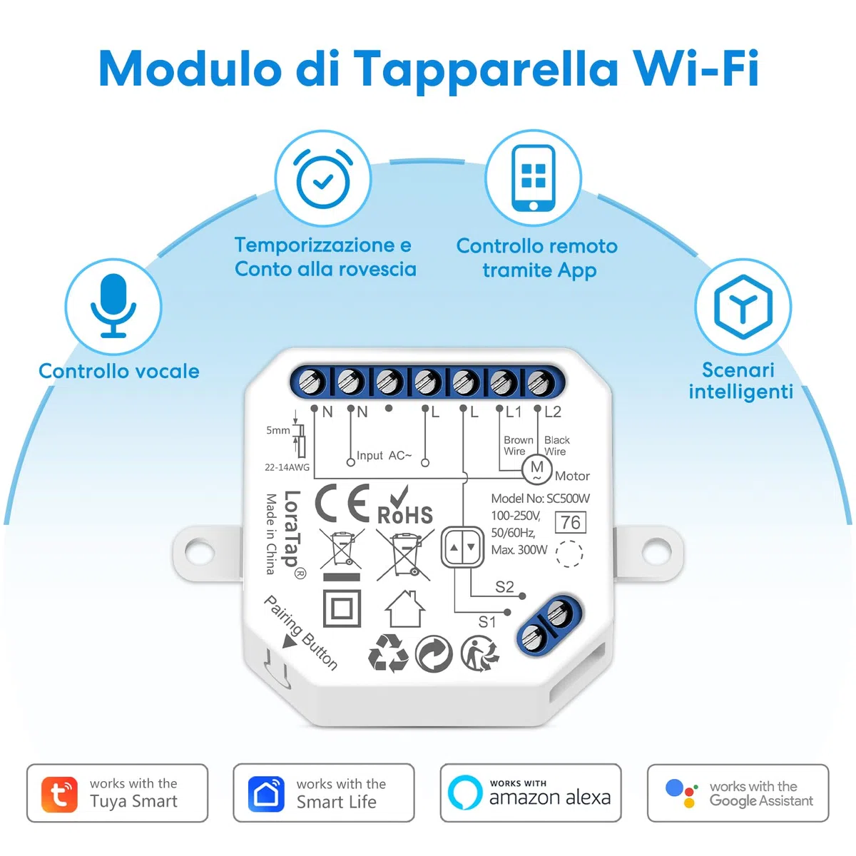 LoraTap Modulo Tapparelle Smart : Aggiorna Tapparelle Tende Avvolgibili Esistenti – App Timer – Controllo Vocale Alexa Google Assistant – WiFi 2,4GHz – Motore AC 4 Fili 300W