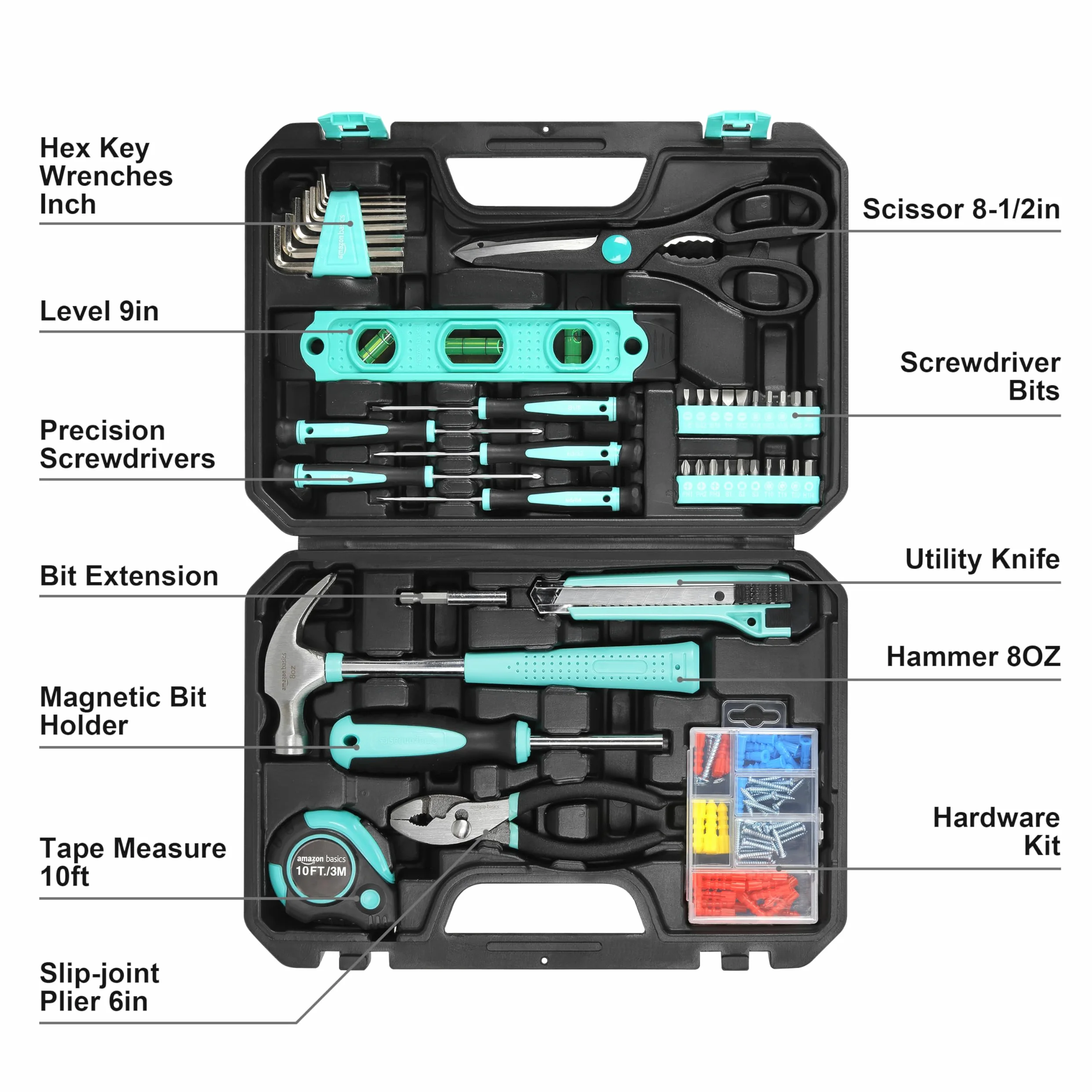 Amazon Basics - Kit di attrezzi per la casa con custodia, 142 pezzi, turchese, 34 x 23,5 x 7,5 cm