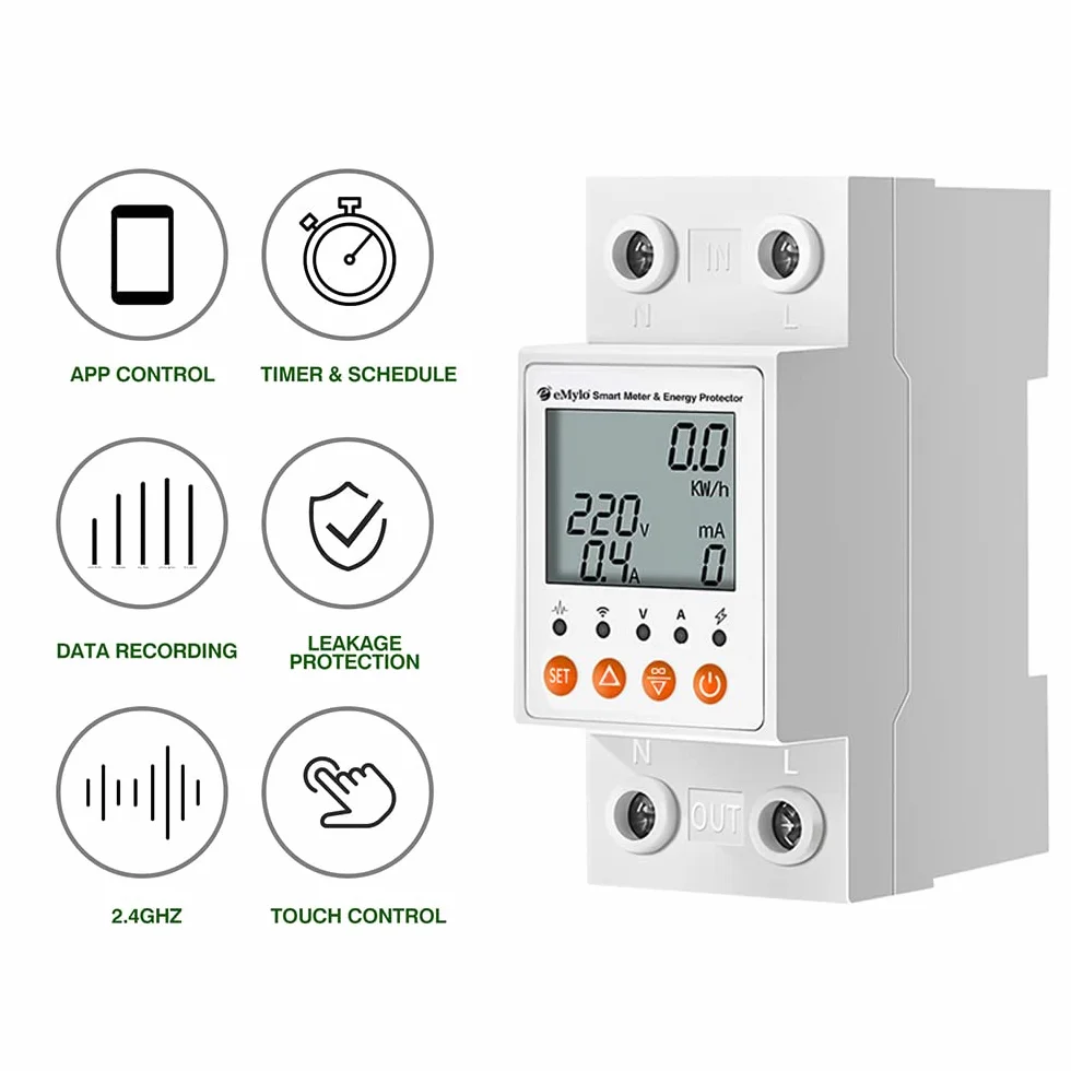 Yasorn Misuratore di energia WIFI intelligente eMylo, digitale LCD su guida DIN monofase, protezione dalle perdite AC 80-400V, misuratore del consumo elettrica, telecomando Alexa APP