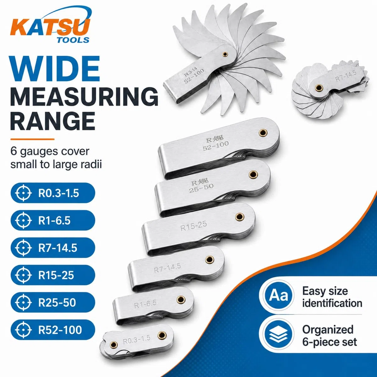 KATSU Set di misuratori di raggio 6 Pezzi R0.3-1.5 / R1-6.5 / R7-14.5 / R15-25 / R25-50 / R52-100 misuratori di filetti di raggio in metallo Strumento di misura portatile concavo convesso