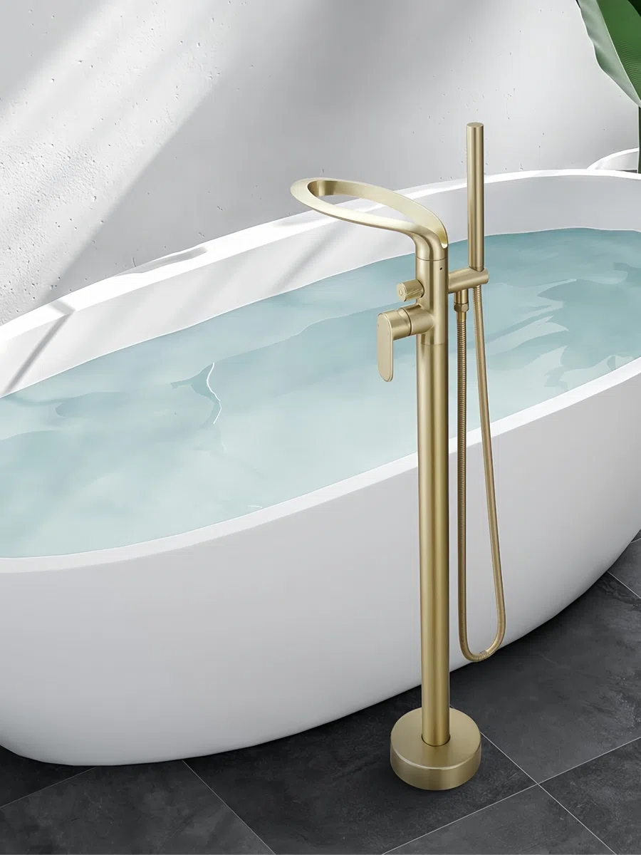 Grifo de bañera de Pie, mezclador de baño Tipo Cascada, cabezal de ducha de Mano para bañera, montaje en suelo, latón Negro (Oro cepillado-B)
