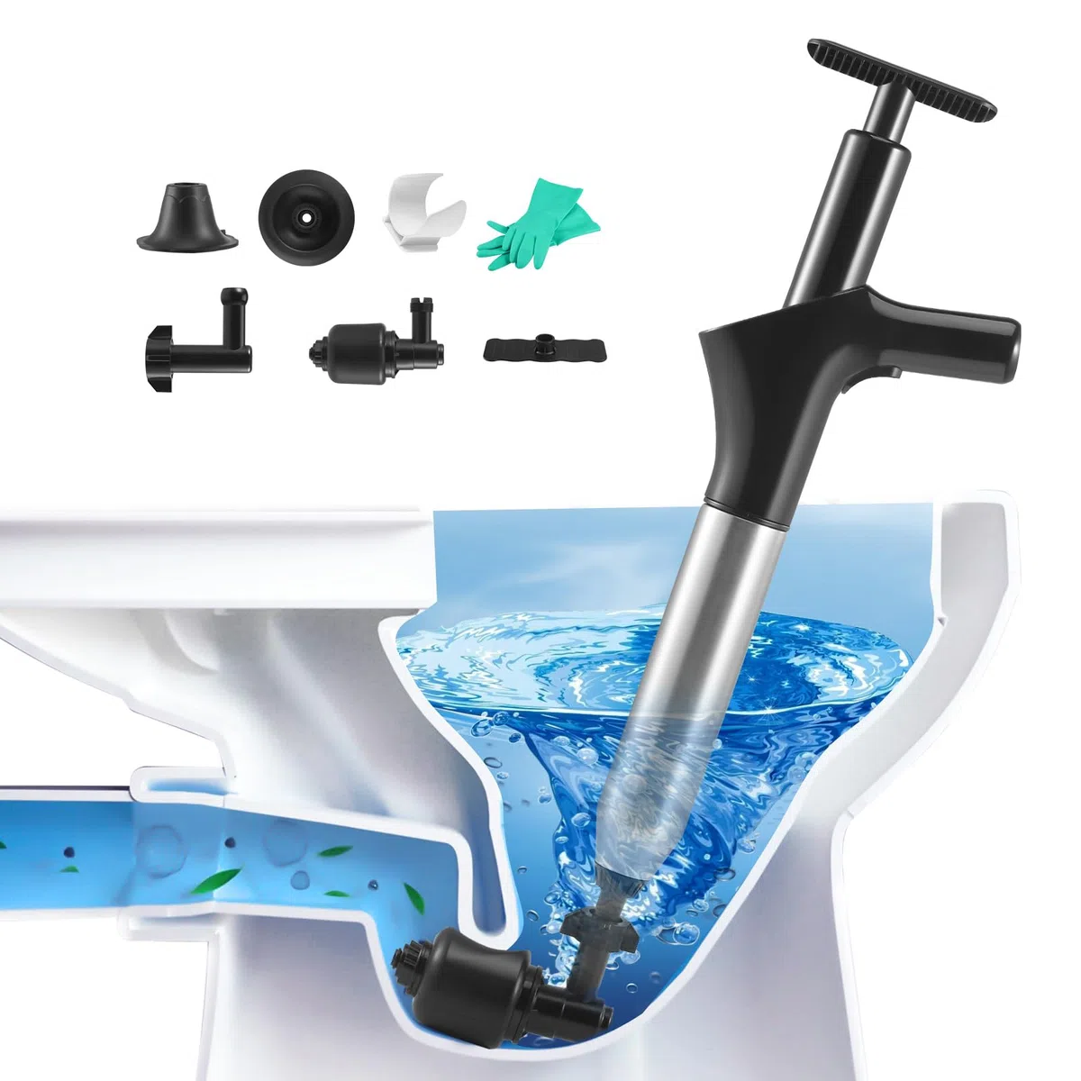 Stura WC, Sturalavandini a Pressione Pompa Stura Scarichi con Quattro Diverse Ventose Lavandini Sturalavandino Stura Water Stantuffo con Barometro per WC Cucina Lavello Bagno (Nero)