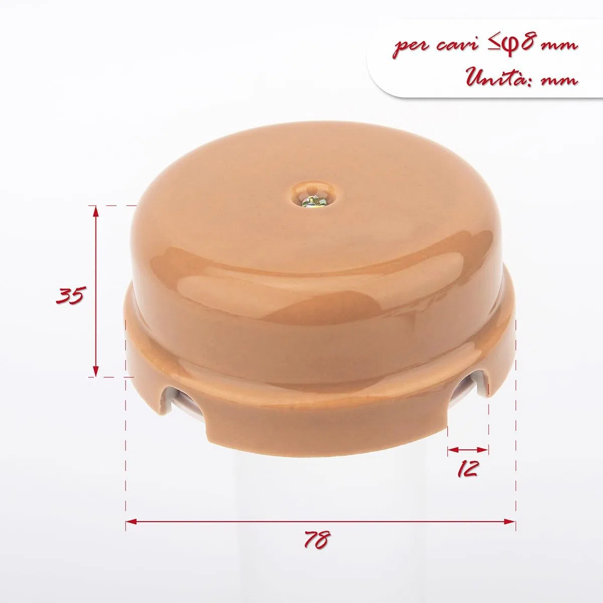 Kit [Scatola di distribuzione in porcellana] + [12 isolatori Porcellana] per Impianti a 4 fori per entrata/uscita del cavo. Copri cavi e copri fili in ceramica, Bronzo lucido, Ø 78mm Prof.35mm