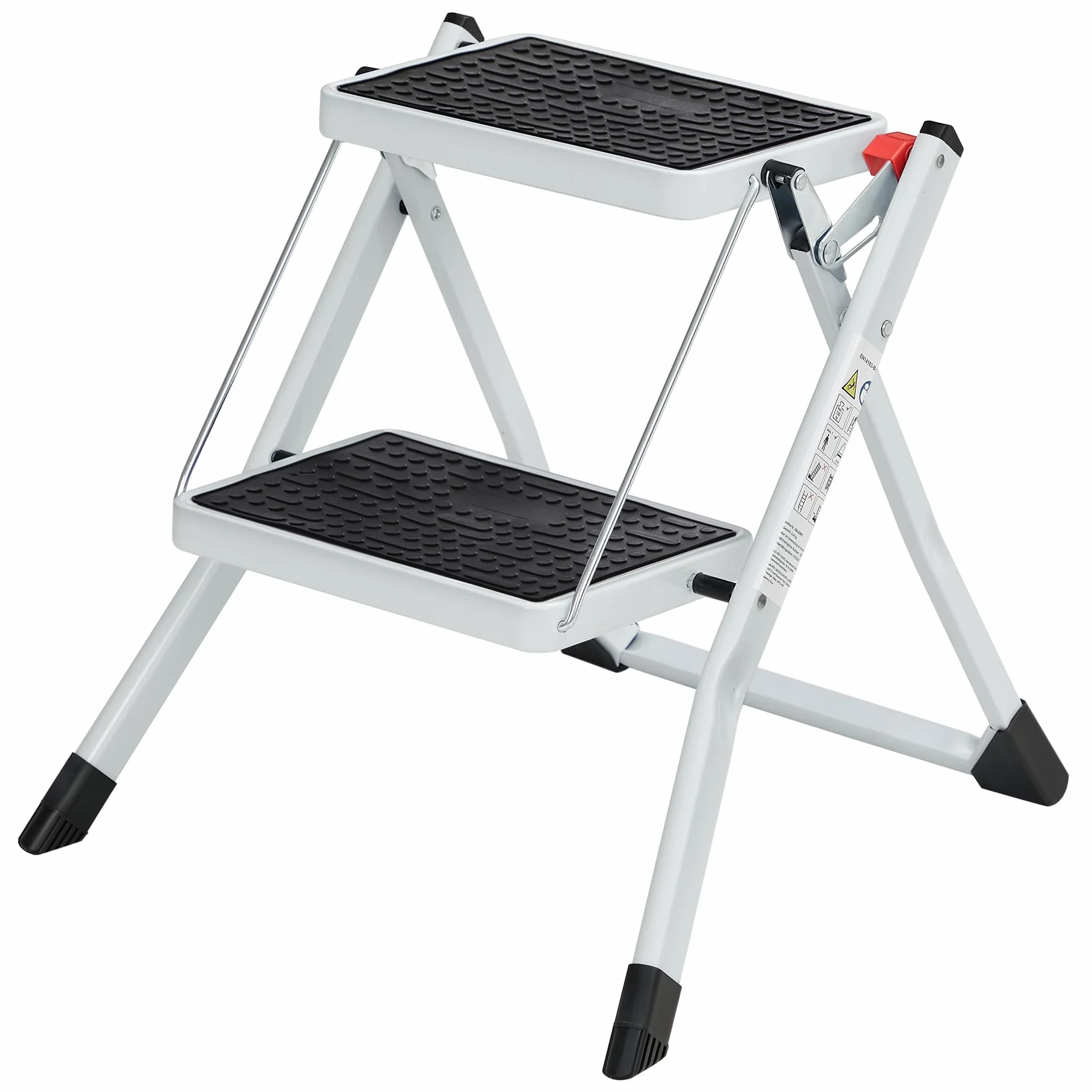SONGMICS Scaletta a 2 Gradini, Scala Pieghevole, Gradini di 20 cm Coperti con Gomma Antiscivolo, con Manico, Capacitàdi Carico di 150 kg, in Acciaio, Bianco e Nero GSL02WT