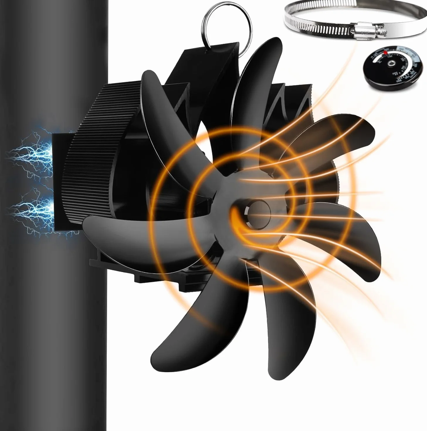 Fwiull Ventola Stufa Legna Magnetico, 7 Pales Ventilatori per Stufe a Legna,Ventilatore Stufa da Tubo con Termometro, Senza corrente Silenziosa ed Efficiente per Camino/Pellet/Gas