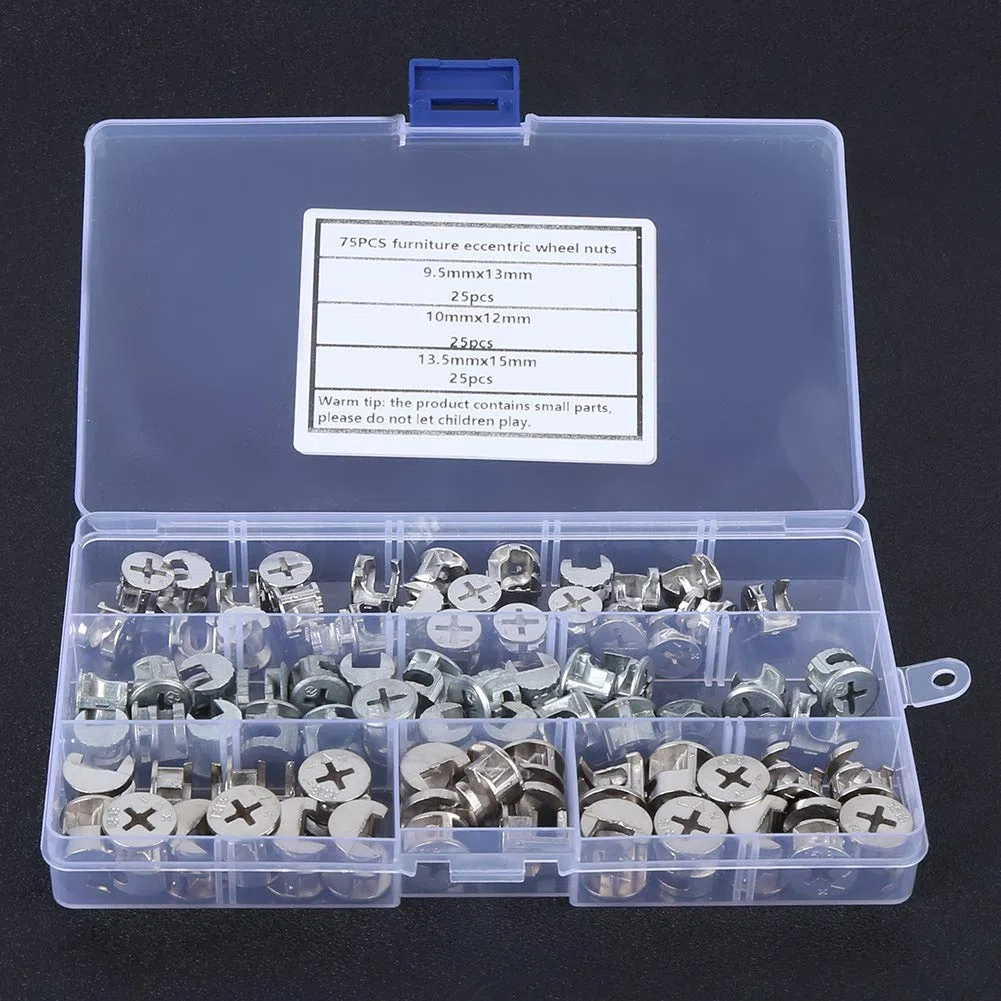 Set di 75 Connettori per Dadi di Bloccaggio a Camma, Raccordi di Fissaggio 9,5 x 13 mm, 10 x 12 mm, 13,5 x 15 mm per Mobili, Pannelli
