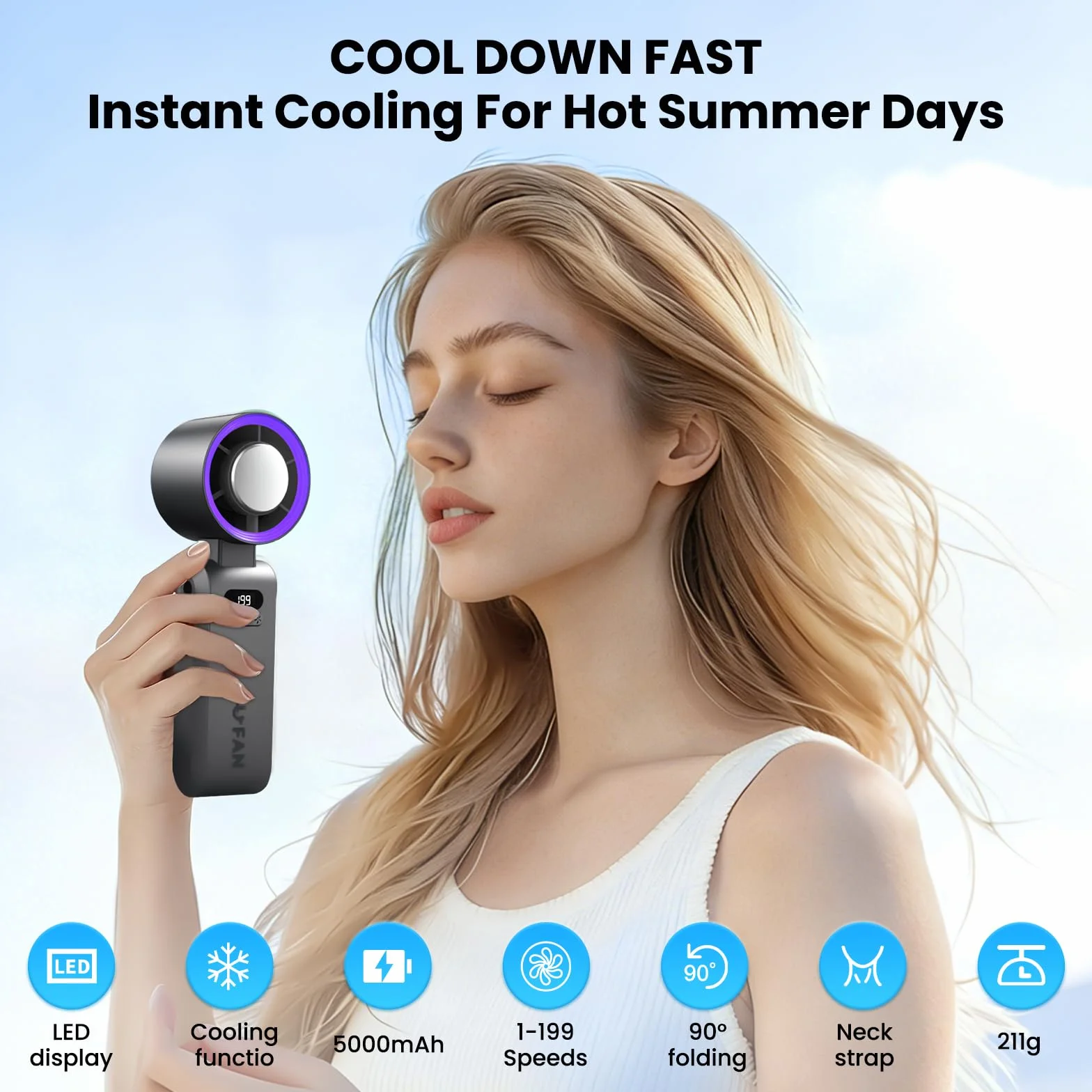 Mini ventilatore portatile a mano,Funzione di raffreddamento,5000 mAh,Flusso d'aria potente di 10 m/s(1-199 velocità),Ventilatore da collo pieghevole USB per campeggio,Viaggi,Casa,Ufficio (Grey)