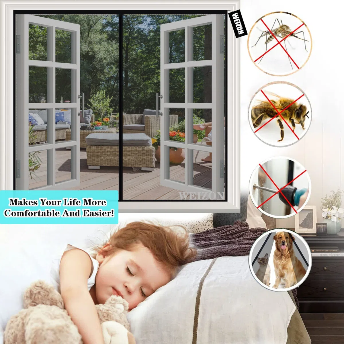 Zanzariera Magnetica Finestra 120x130cm Nero Zanzariere Magnetiche Chiudi Automaticamente Rete Anti Insetti per Porta Finestra Balcone Soggiorno