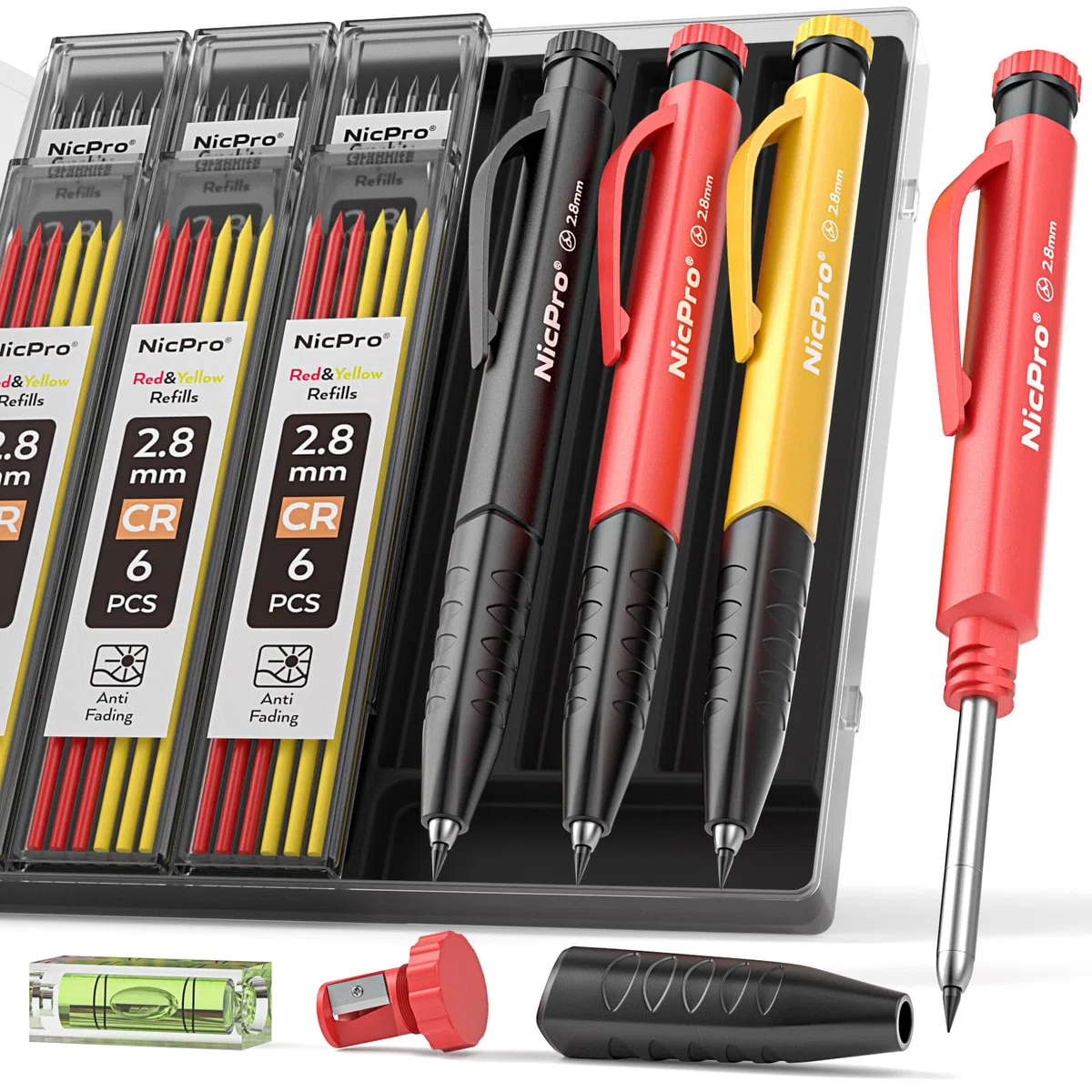 Nicpro 3 Pezzi Matita da Carpentiere con 36 Mina, Matite per Falegname con Impugnature per Le Dita Rimovibili, Carpentiere Matita per Lavorazione Legno, Architetti, Muratori(Nero, Rosso, Giallo)