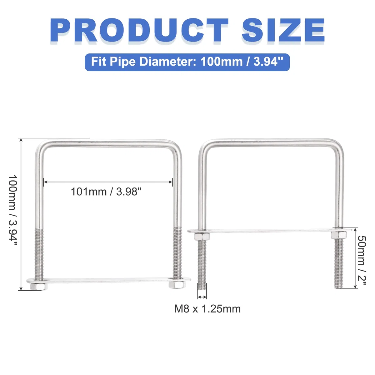 sourcing map Set di 4 bulloni a U quadrati M8, 101 mm, larghezza interna 100 mm, lunghezza 304 in acciaio inox 304, con dadi, piastre e chiave per rimorchio, sci, barca, barca da pesca