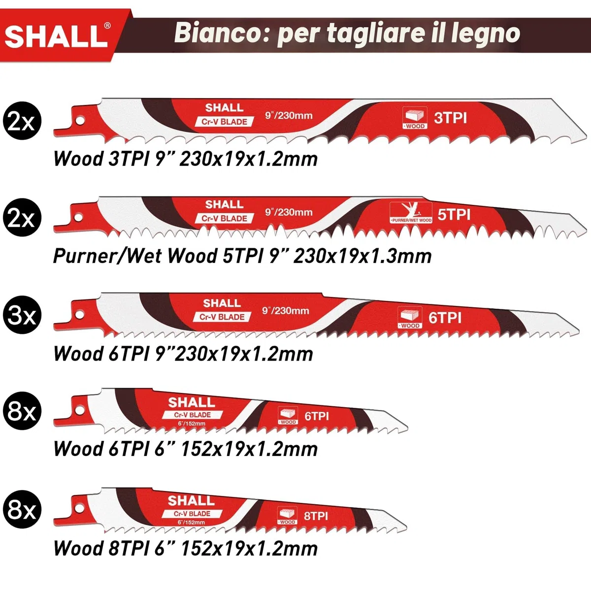 SHALL Lame per sega alternativa (34 pezzi) Kit di lame per sega sostitutiva in acciaio al carburo per potatura di alberi, per legno, metallo e plastica, con custodia