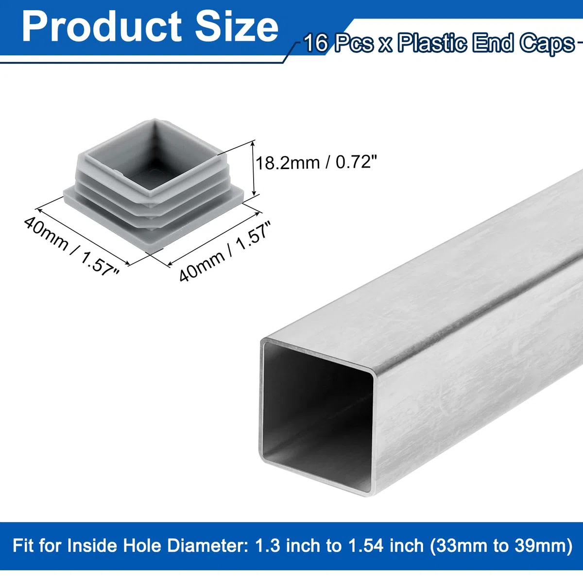 uxcell Tappi terminali quadrati per tubi da 40 mm, 16 pezzi, in plastica, per tubi in metallo, gambe di sedie, tavoli, librerie, mobili, grigio