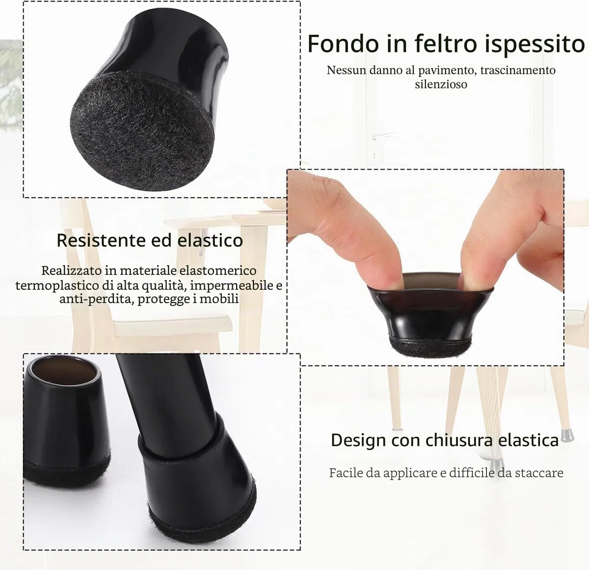 PAEFIU 40 Pezzi Gommini per Sedie Nero, Feltrini per Sedie Rotondi Ispessito, 21-30MM Tappi per Sedie Elastiche per Protezione i Pavimenti da Graffi e Rumori (Media, Nero)